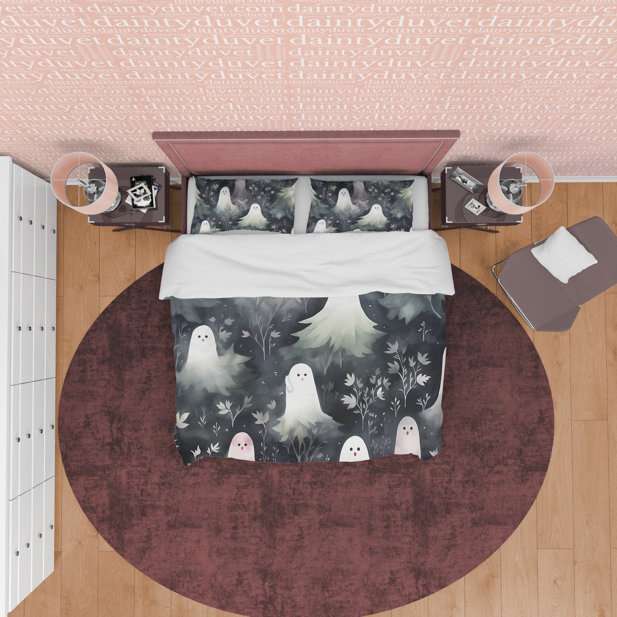 Black And White Ghost Duvet Cover Set, Creepy Quilt Cover Aesthetic Zipper Bedding, Haunted Forest Blanket Cover Halloween Room Decor