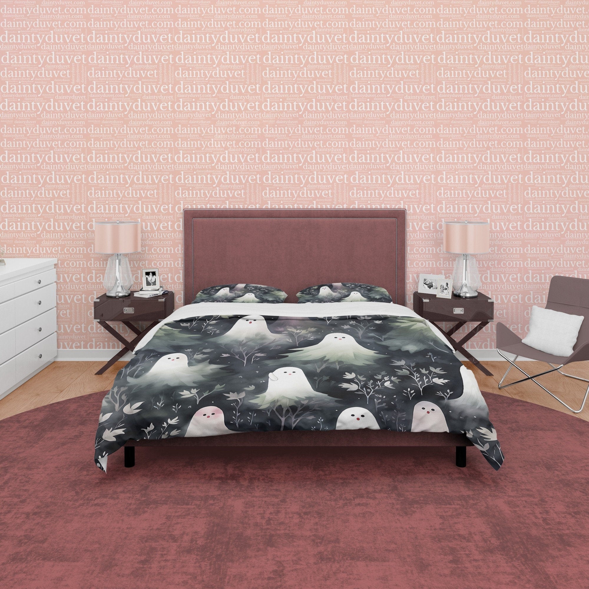 Black And White Ghost Duvet Cover Set, Creepy Quilt Cover Aesthetic Zipper Bedding, Haunted Forest Blanket Cover Halloween Room Decor