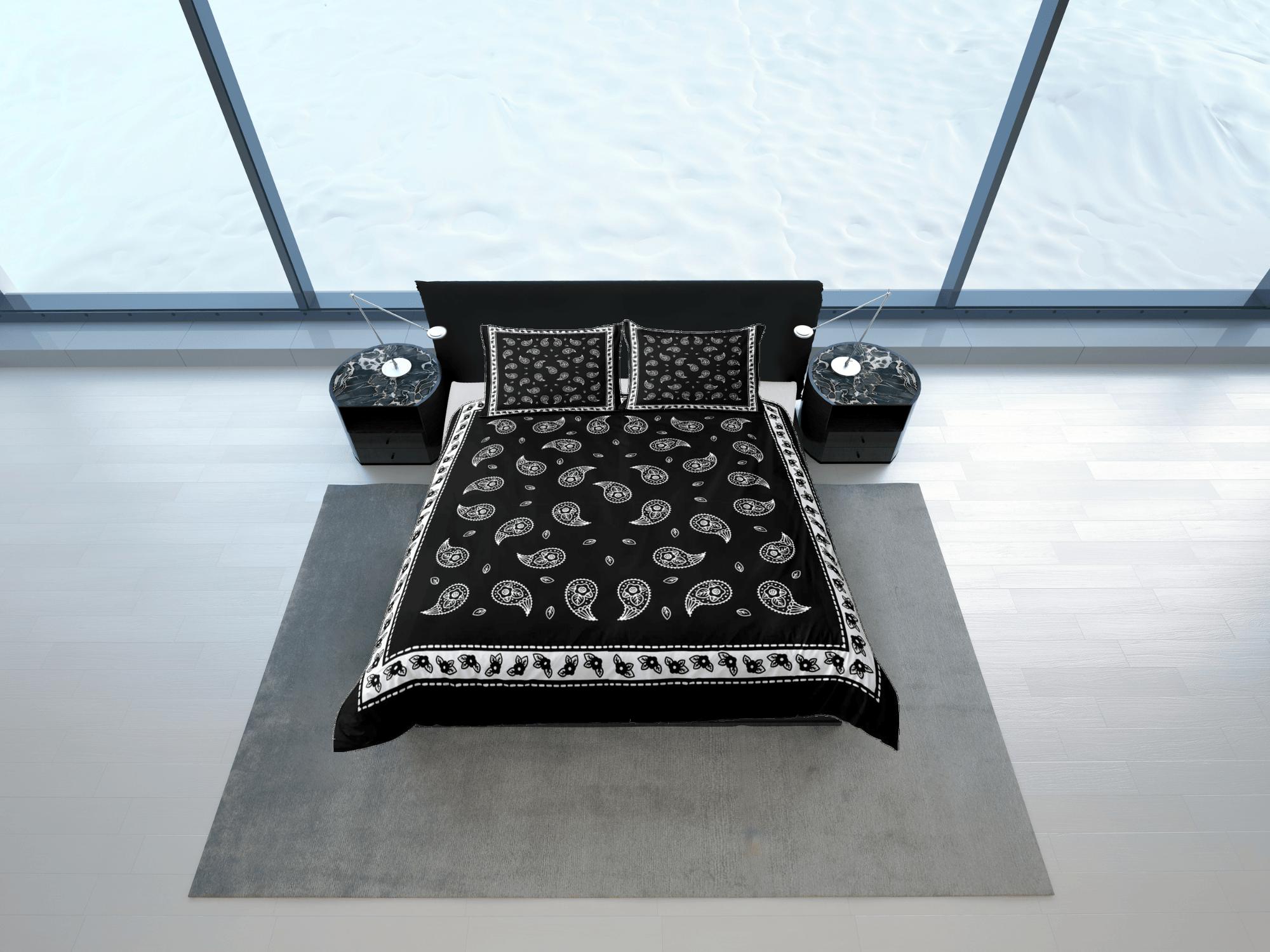 daintyduvet Black bandana paisley duvet cover set, aesthetic room decor bedding set full, king, queen size, abstract boho bedspread, luxury bed cover