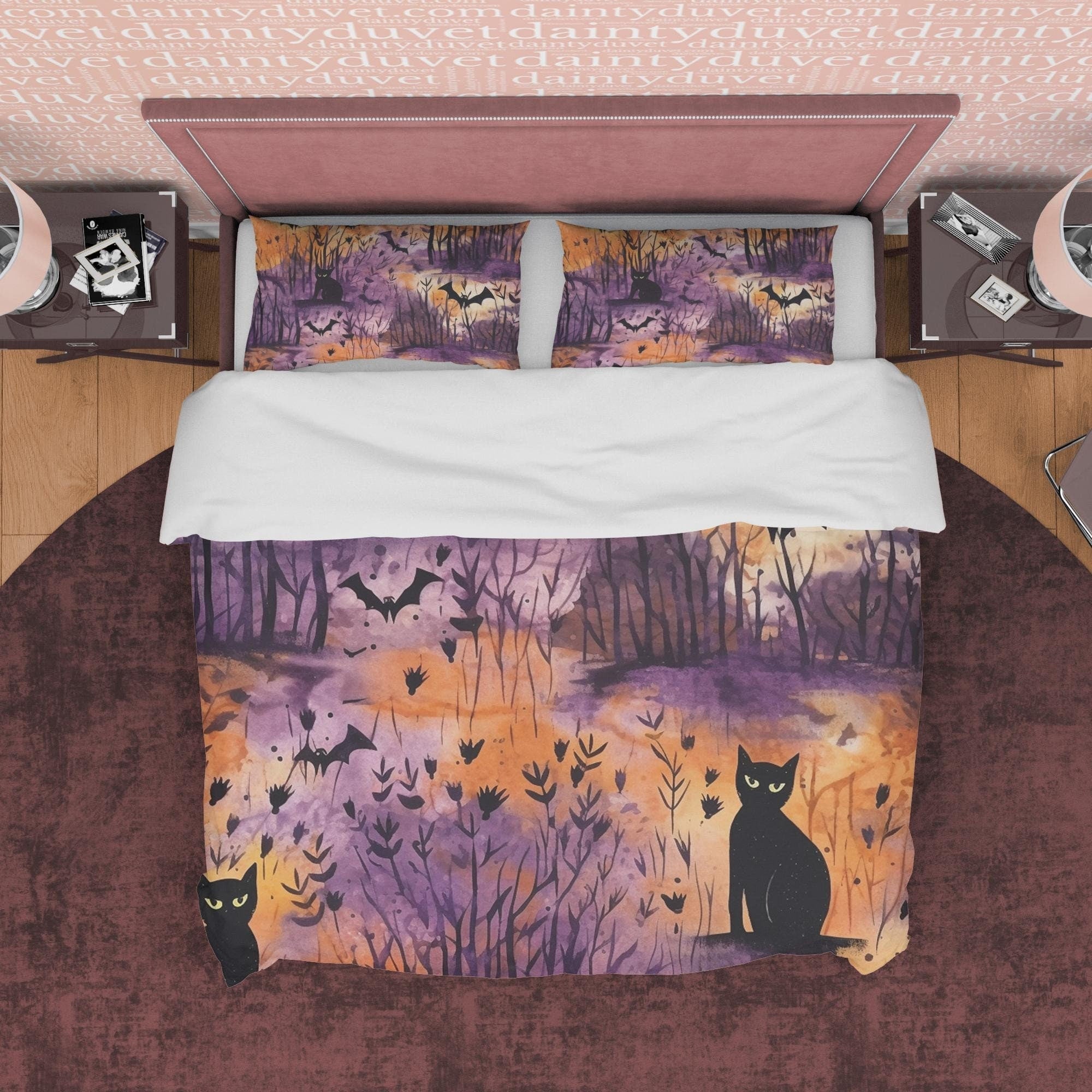 Black Cat & Bats in Woods, Duvet Cover, Aesthetic Bedding, Purple Orange Bedspread, Halloween Gift, US, UK, European, Australian Bed Size
