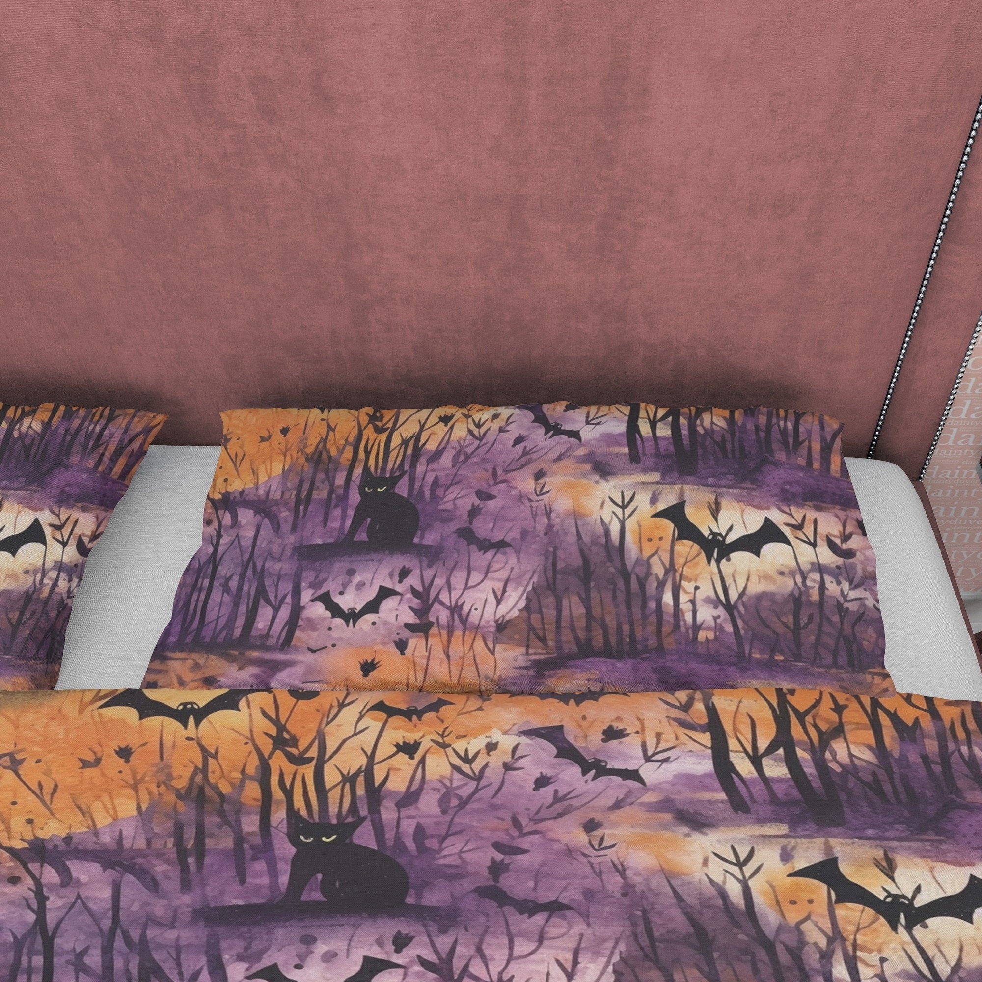Black Cat & Bats in Woods, Duvet Cover, Aesthetic Bedding, Purple Orange Bedspread, Halloween Gift, US, UK, European, Australian Bed Size