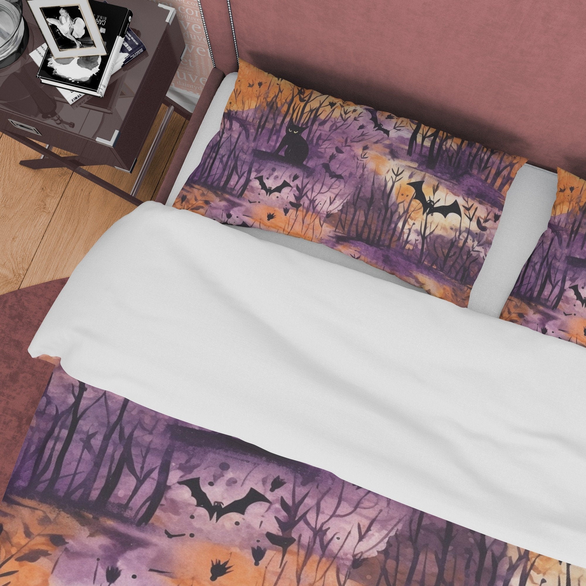 Black Cat & Bats in Woods, Duvet Cover, Aesthetic Bedding, Purple Orange Bedspread, Halloween Gift, US, UK, European, Australian Bed Size