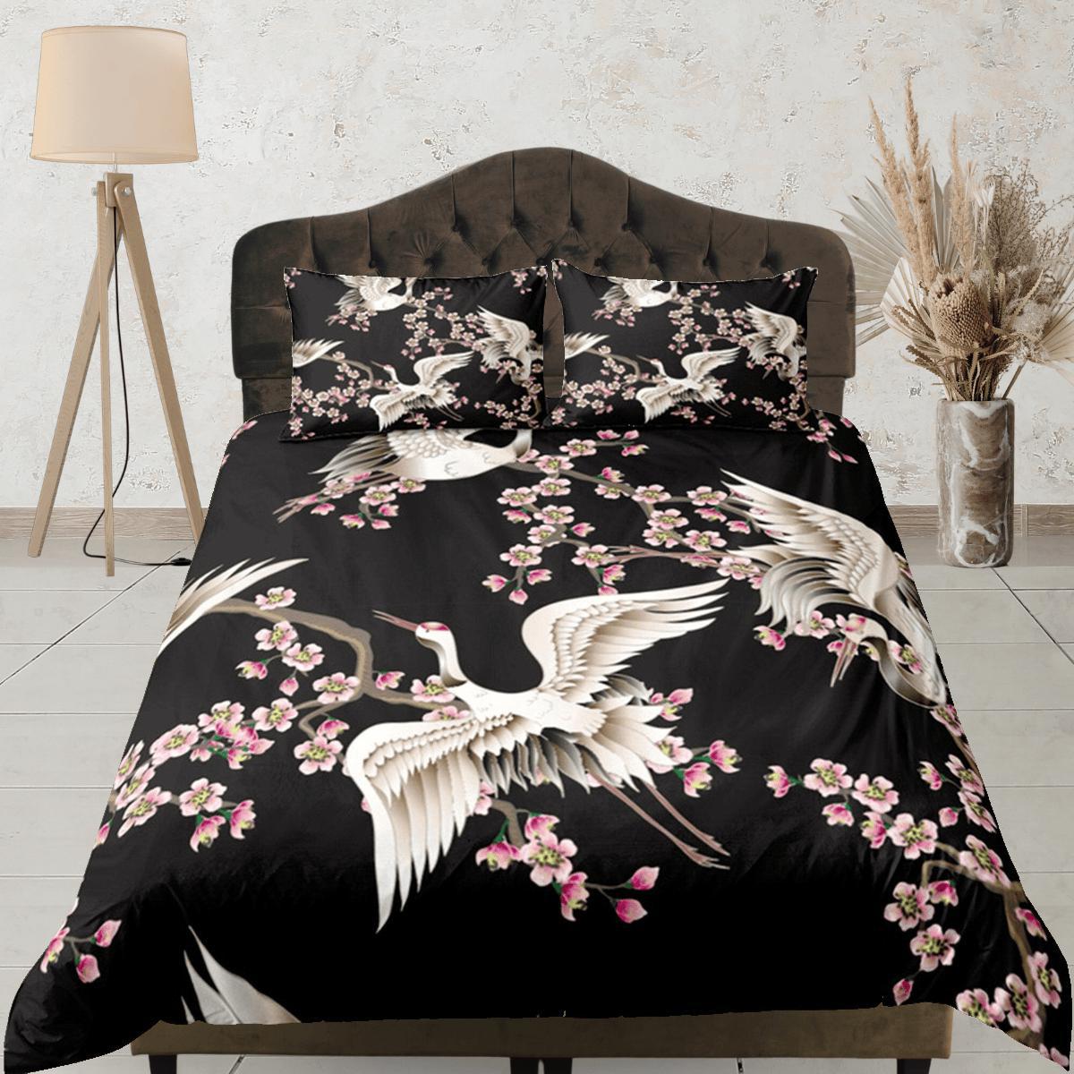 daintyduvet Black Duvet Cover Set Japanese Crane Duvet Kimono Design Floral Bedspread Pillowcase Set Dorm Bedding