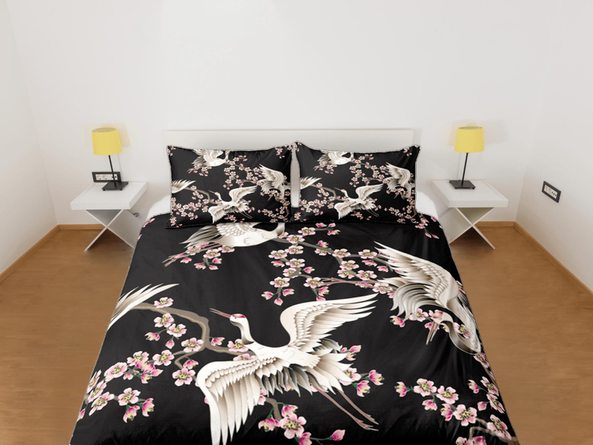 daintyduvet Black Duvet Cover Set Japanese Crane Duvet Kimono Design Floral Bedspread Pillowcase Set Dorm Bedding