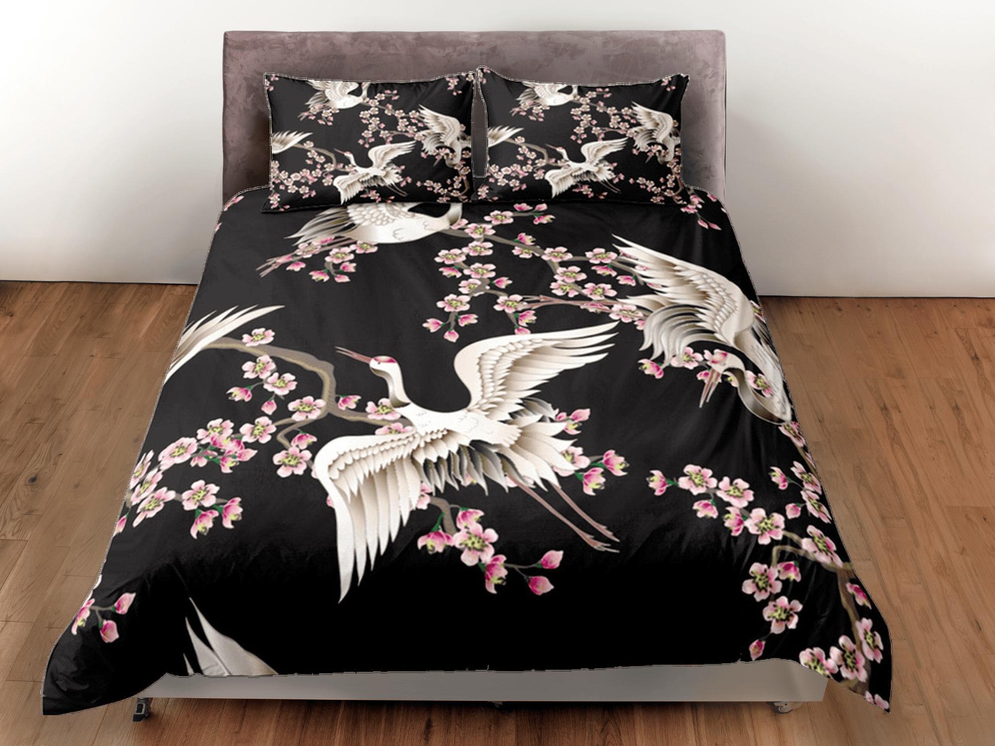 daintyduvet Black Duvet Cover Set Japanese Crane Duvet Kimono Design Floral Bedspread Pillowcase Set Dorm Bedding