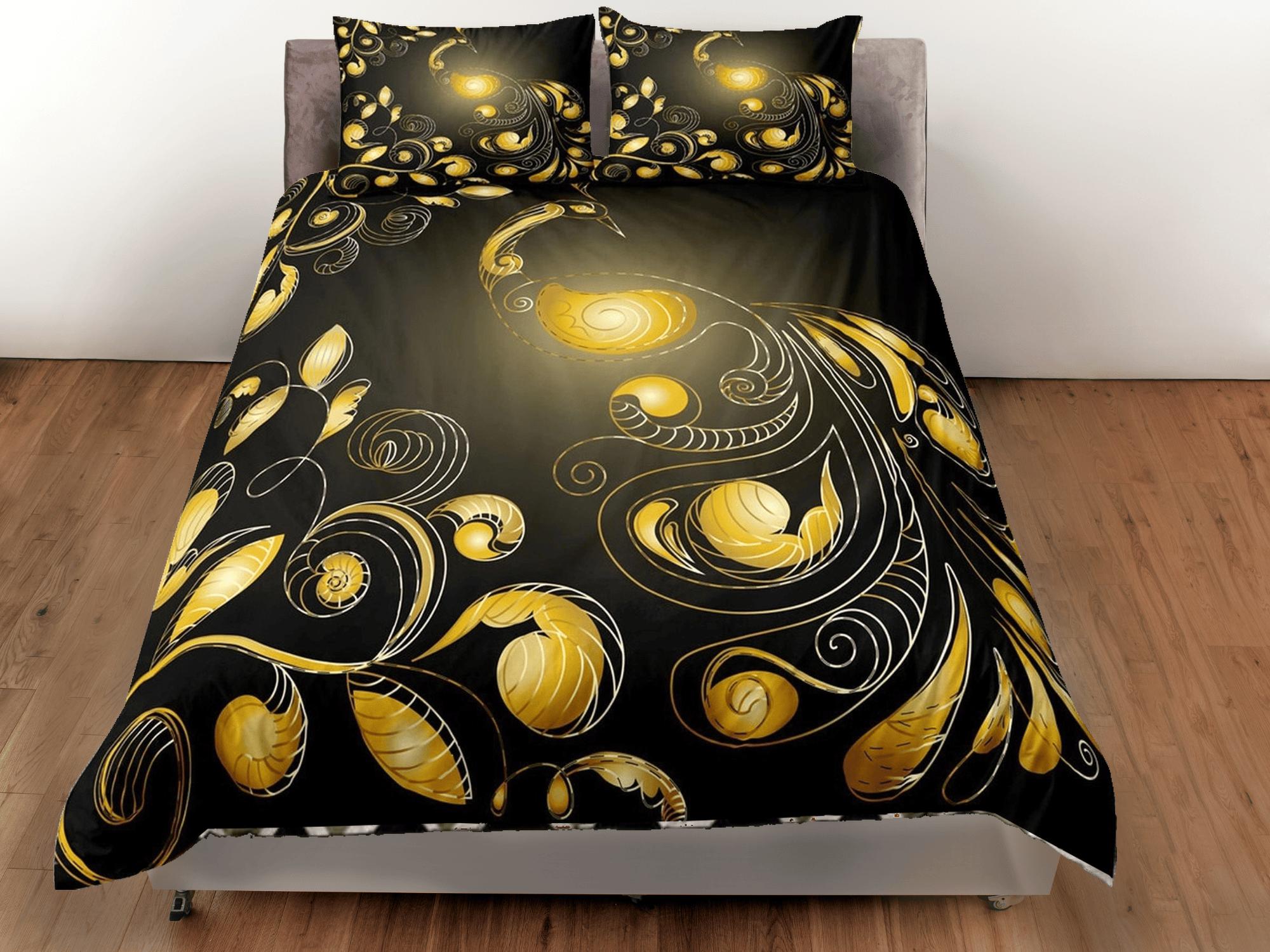 daintyduvet Black duvet cover yellow peacock glowing decor aesthetic bedding set full, luxury duvet queen, king, boho duvet, designer bedding, bedspread