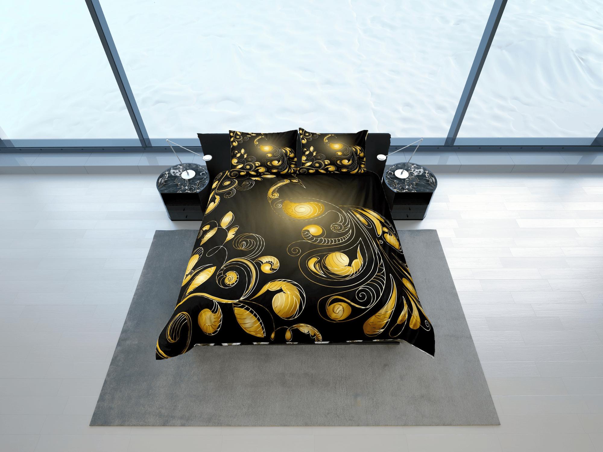 daintyduvet Black duvet cover yellow peacock glowing decor aesthetic bedding set full, luxury duvet queen, king, boho duvet, designer bedding, bedspread