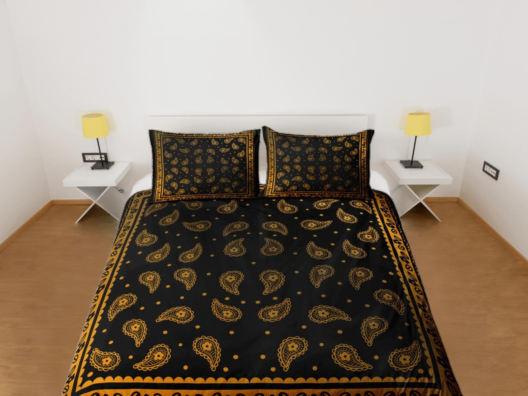daintyduvet Black orange bandana paisley duvet cover set, aesthetic room decor bedding set full, king, queen size, abstract boho bedspread, luxury cover