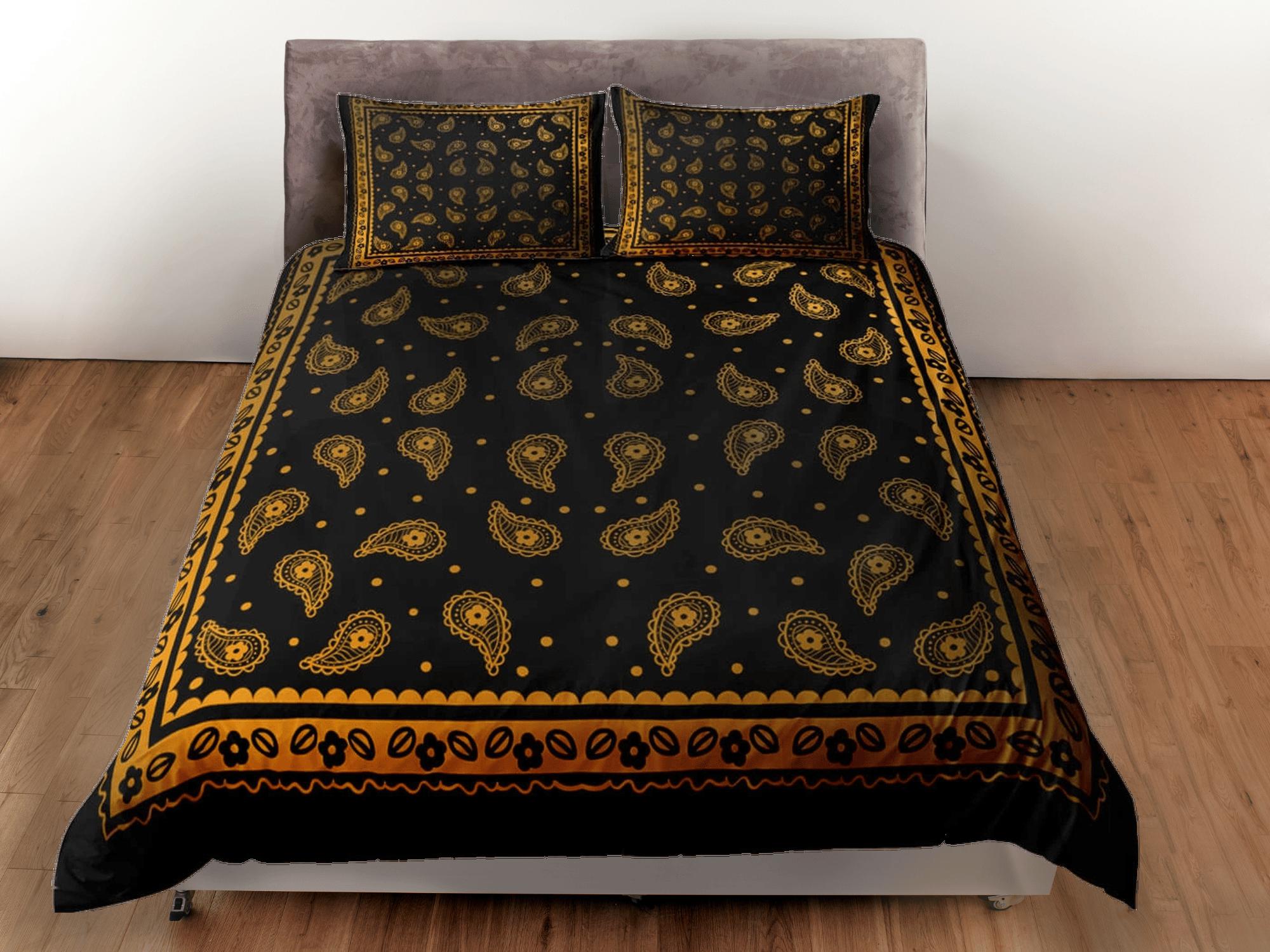 daintyduvet Black orange bandana paisley duvet cover set, aesthetic room decor bedding set full, king, queen size, abstract boho bedspread, luxury cover