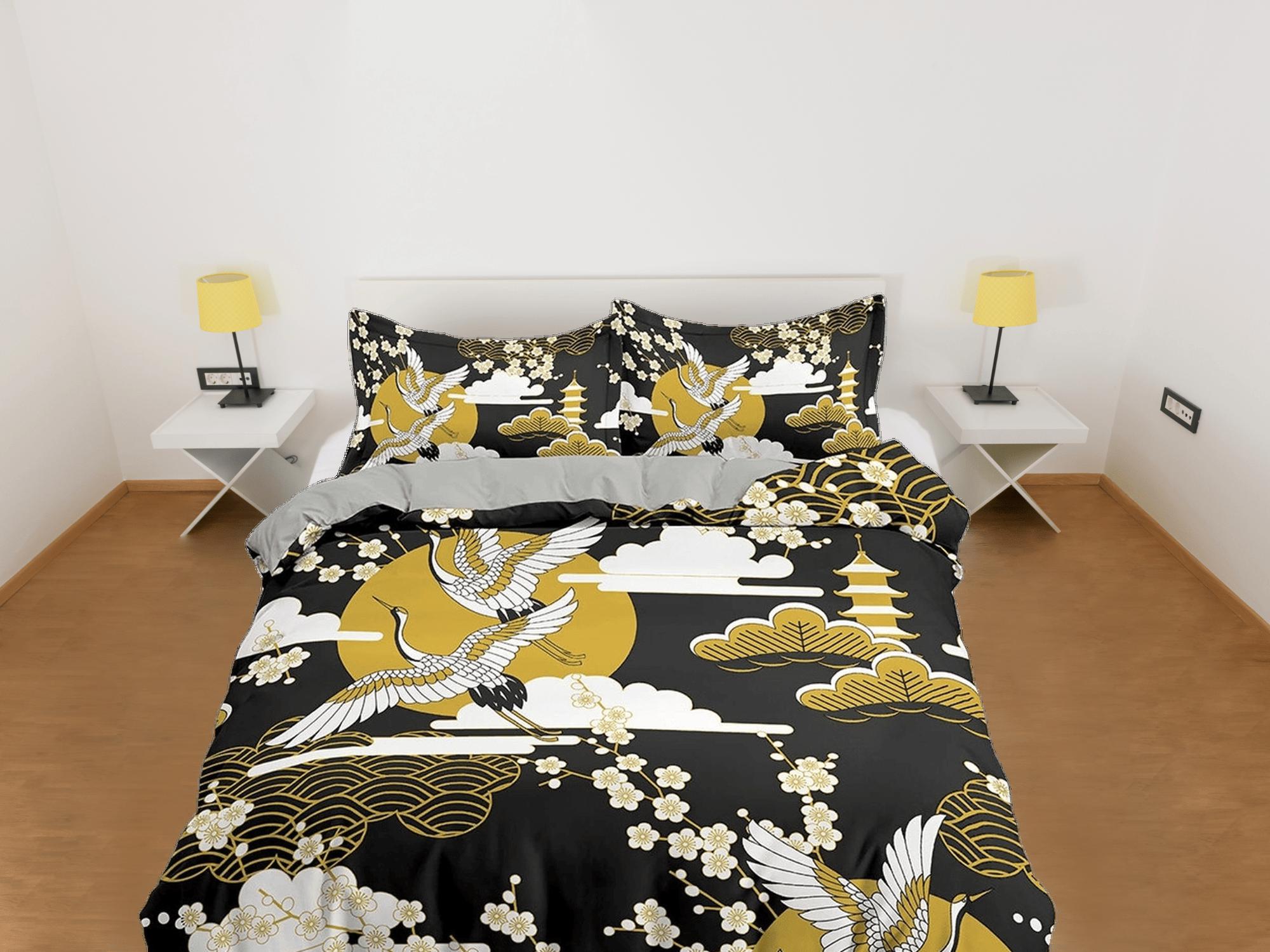 daintyduvet Black oriental bedding, crane bird and cherry blossom prints on Japanese style duvet cover set for king, queen, full, twin, single bed