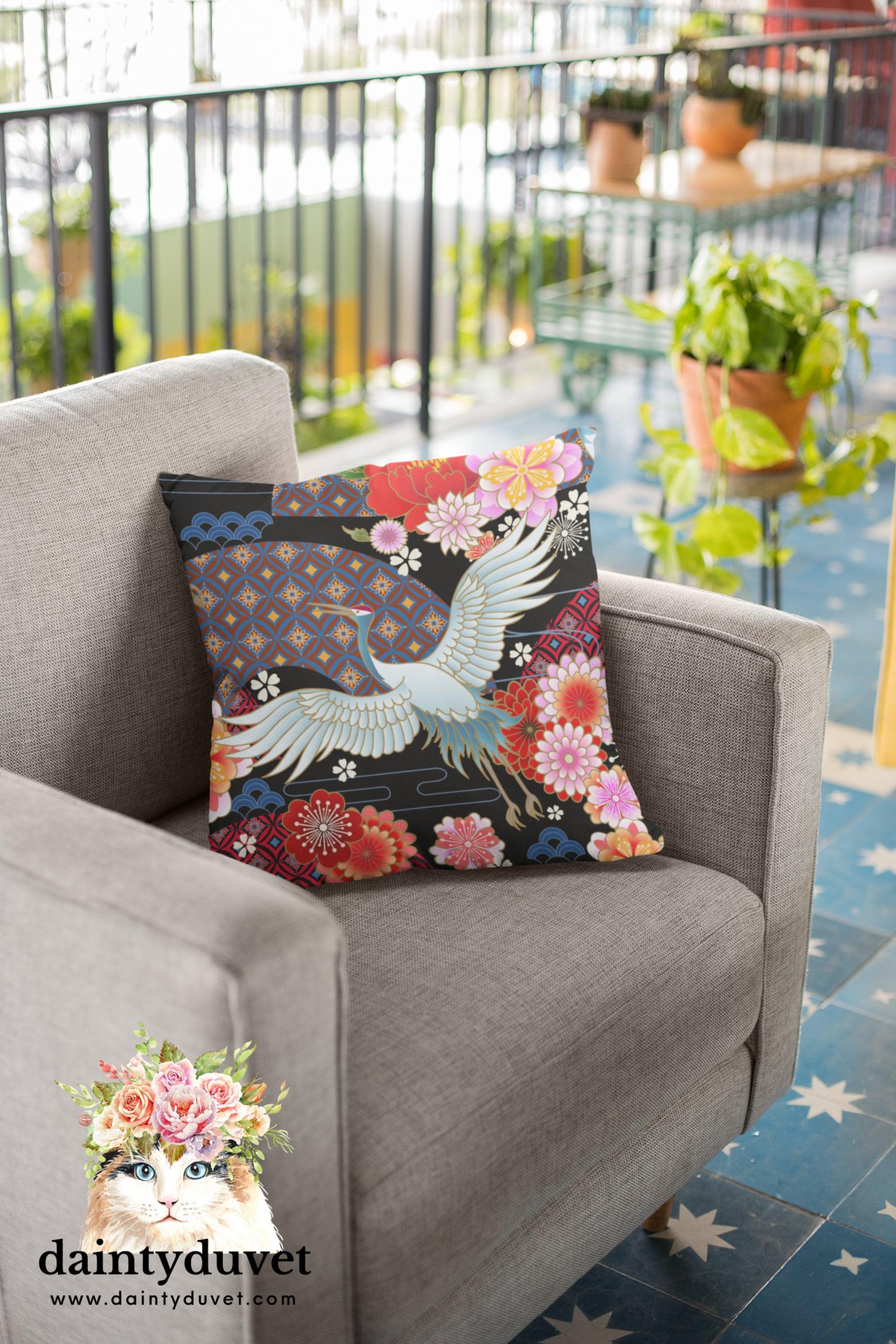 daintyduvet Black Pillowcase with Oriental Crane and Cherry Blossoms Prints, Japanese Fabric Cushion Cover, Japanese Decor Square Pillow Cover