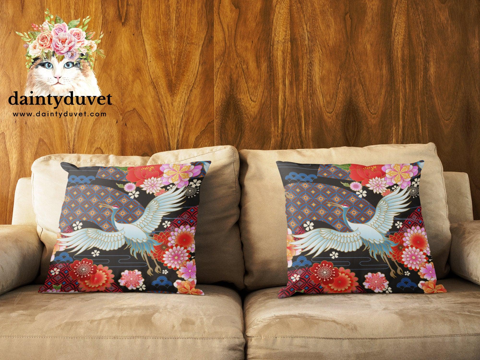 daintyduvet Black Pillowcase with Oriental Crane and Cherry Blossoms Prints, Japanese Fabric Cushion Cover, Japanese Decor Square Pillow Cover