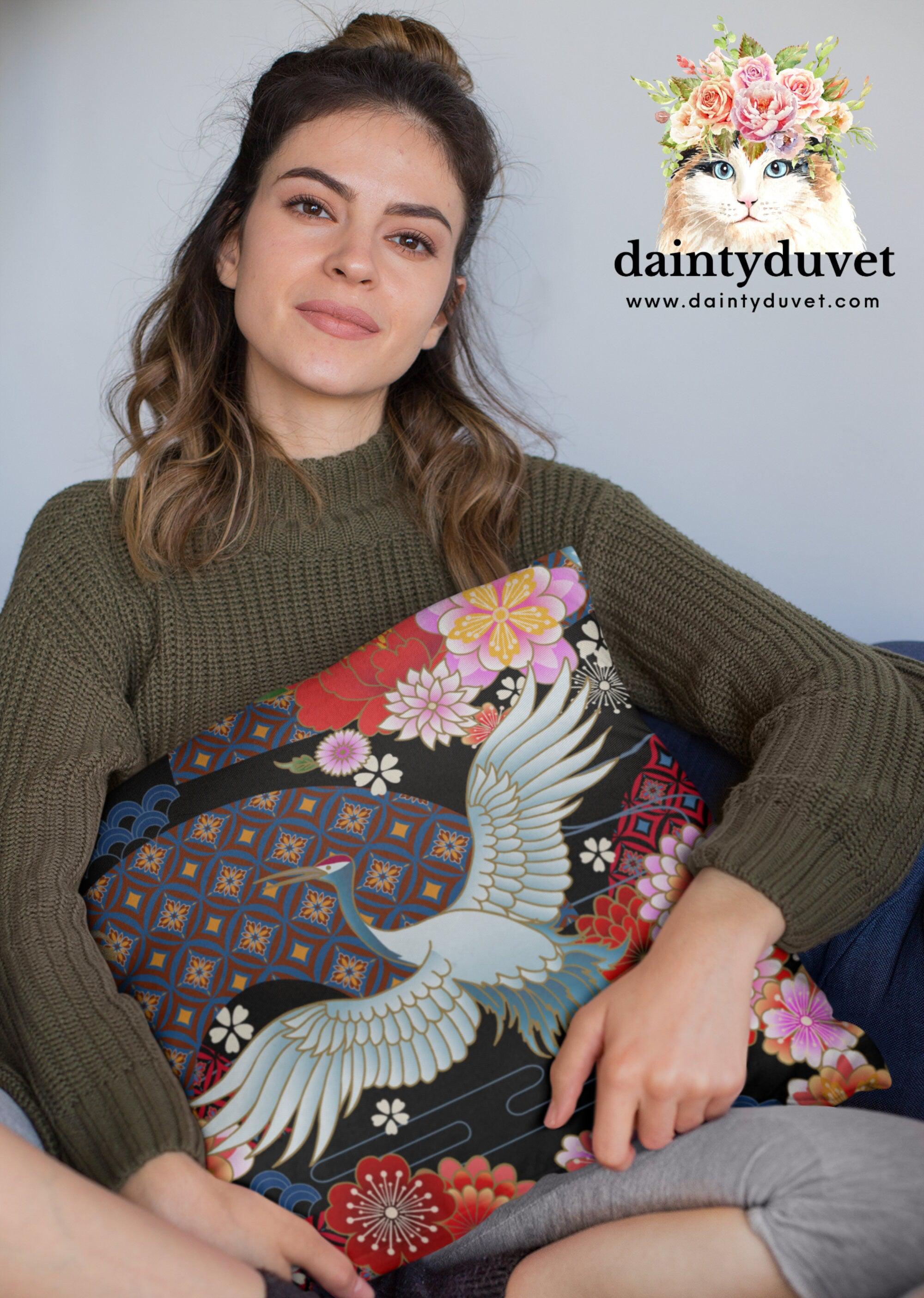 daintyduvet Black Pillowcase with Oriental Crane and Cherry Blossoms Prints, Japanese Fabric Cushion Cover, Japanese Decor Square Pillow Cover