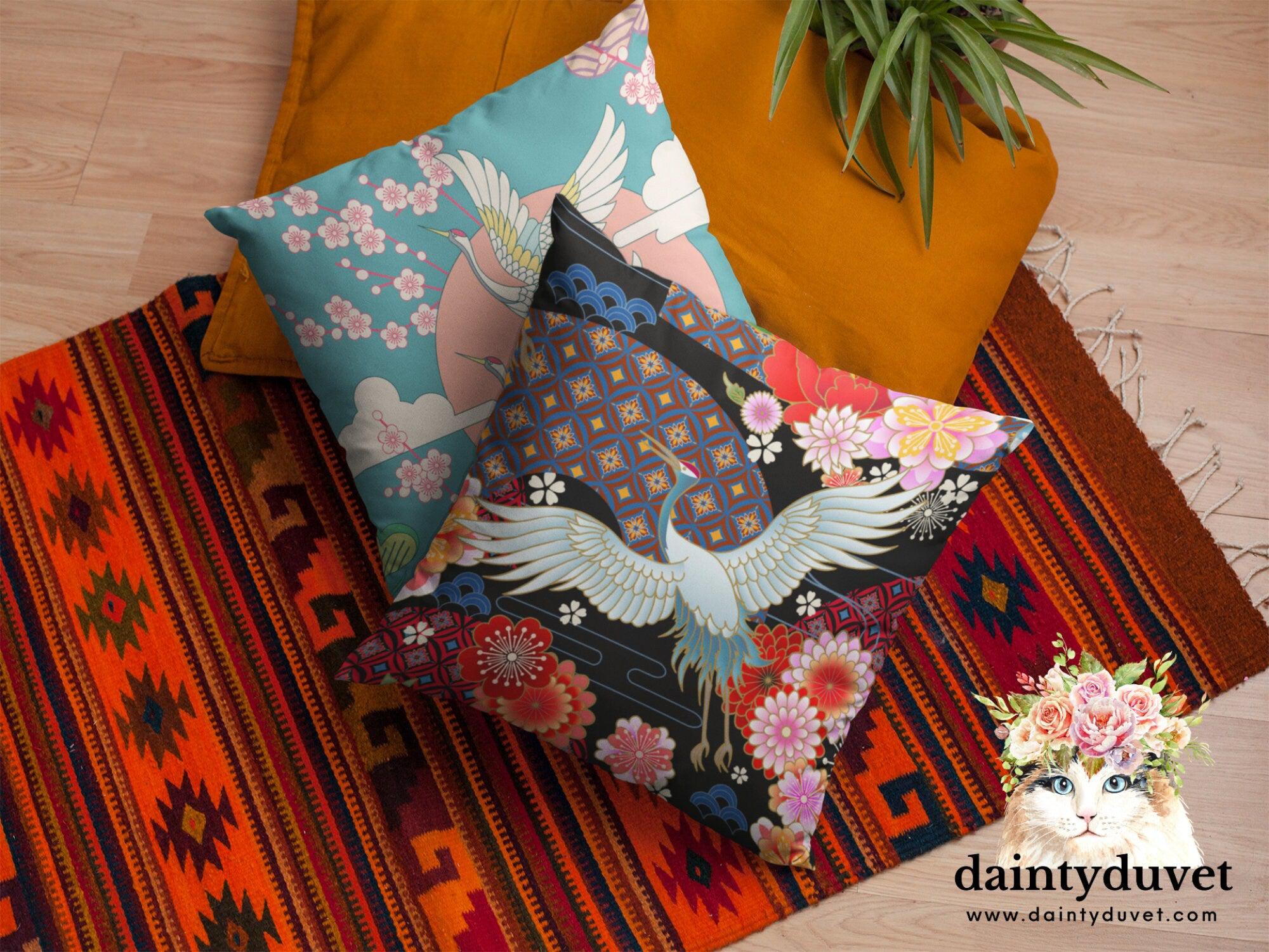 daintyduvet Black Pillowcase with Oriental Crane and Cherry Blossoms Prints, Japanese Fabric Cushion Cover, Japanese Decor Square Pillow Cover