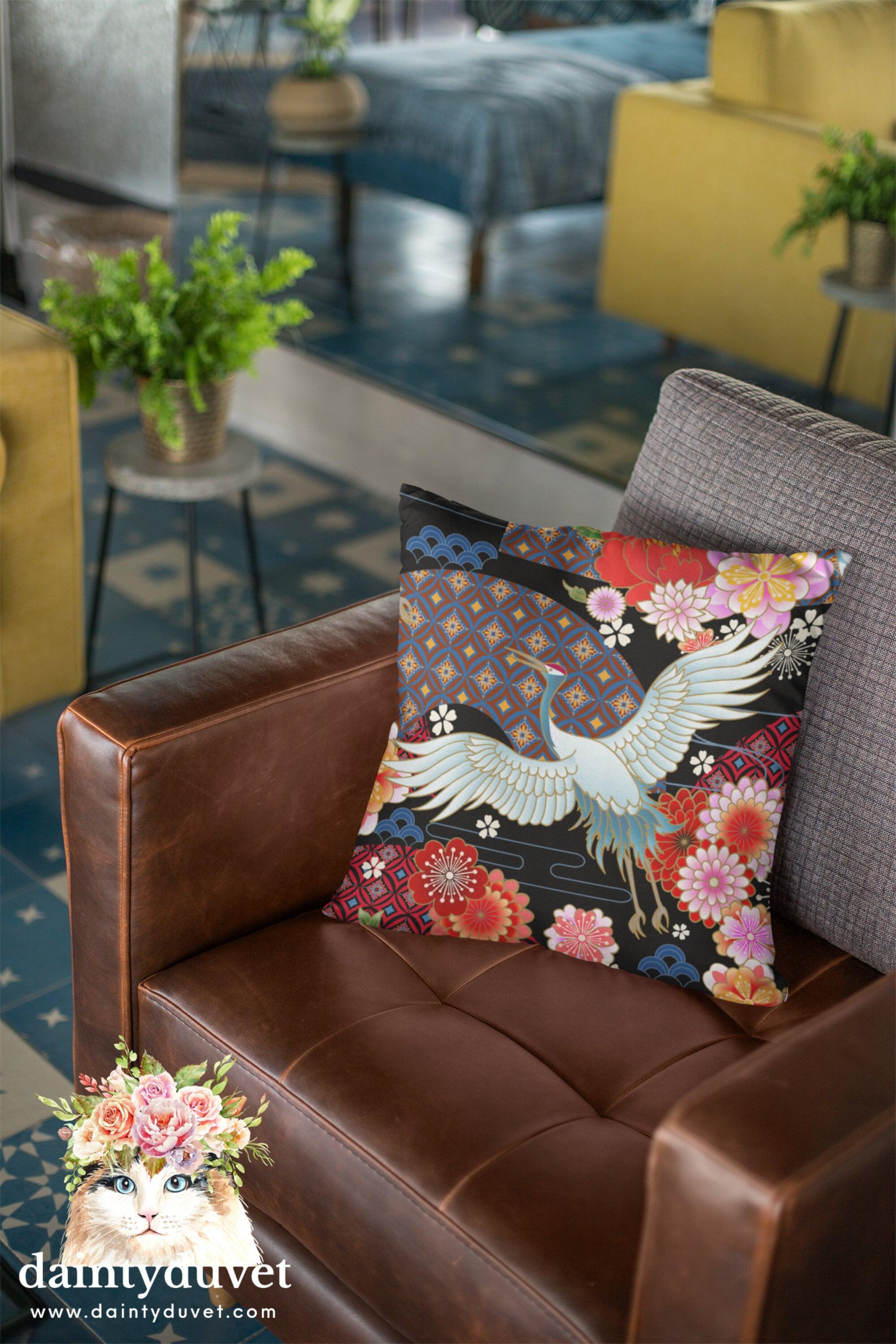 daintyduvet Black Pillowcase with Oriental Crane and Cherry Blossoms Prints, Japanese Fabric Cushion Cover, Japanese Decor Square Pillow Cover