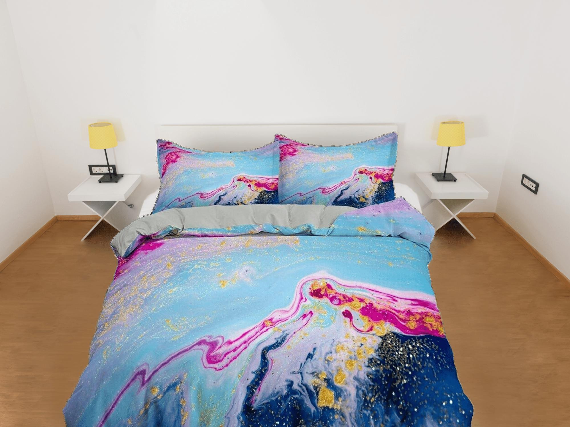 daintyduvet Blue and pink contemporary bedroom set aesthetic duvet cover, alcohol ink abstract art room decor boho chic bedding set full king queen