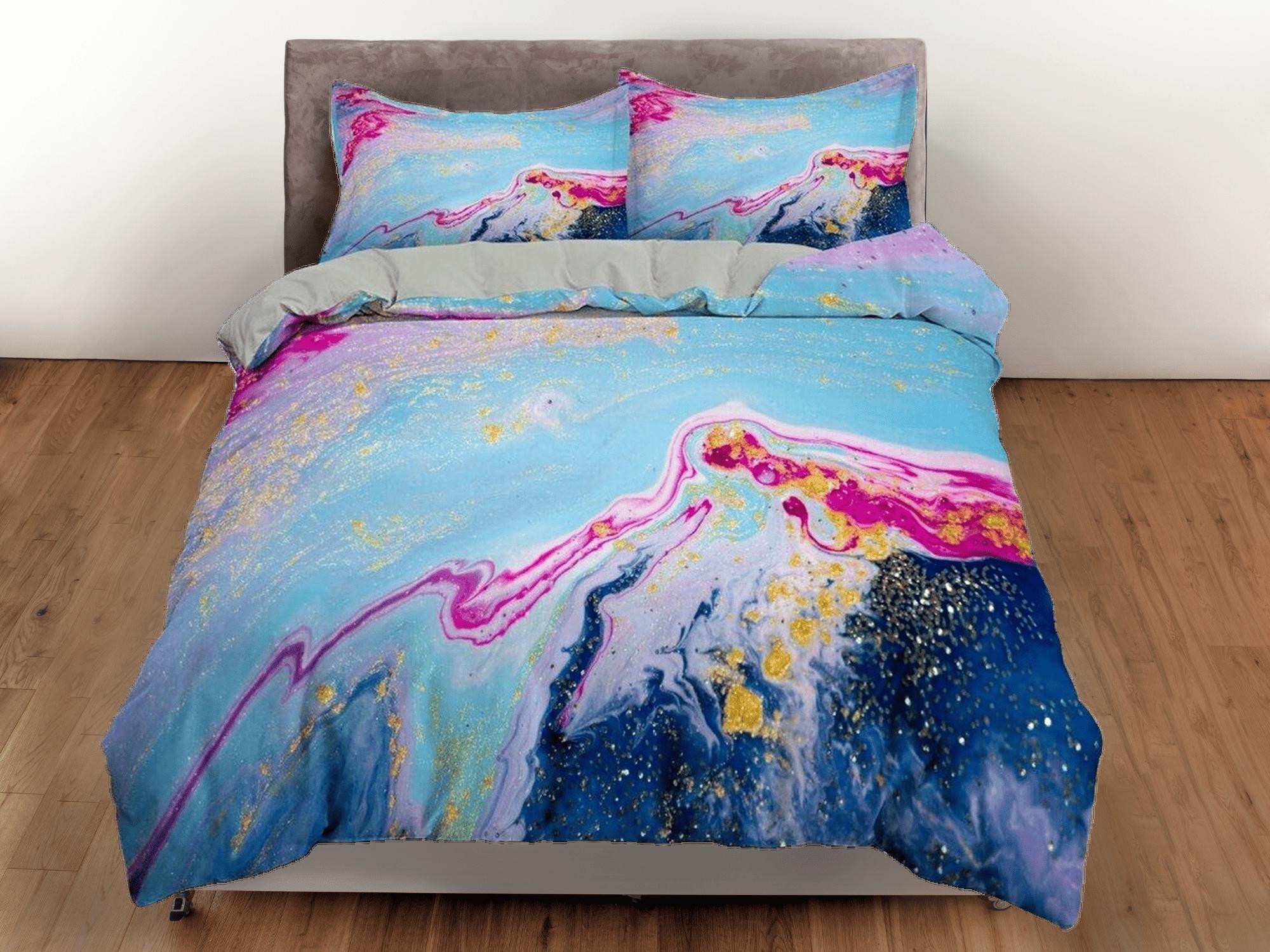 daintyduvet Blue and pink contemporary bedroom set aesthetic duvet cover, alcohol ink abstract art room decor boho chic bedding set full king queen
