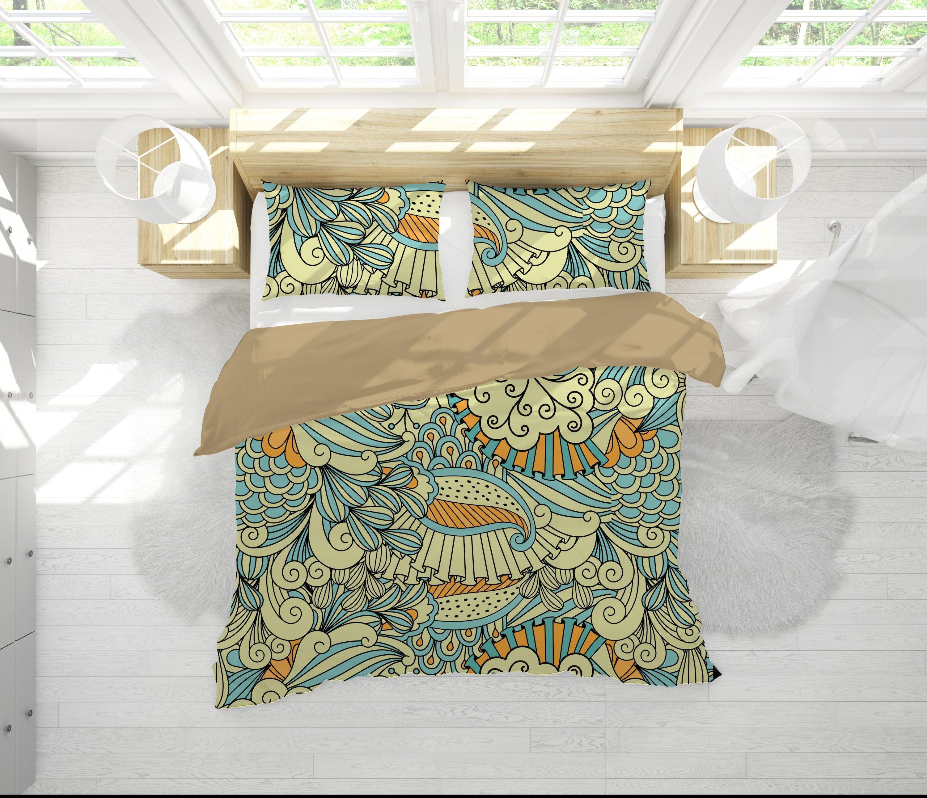 daintyduvet Blue and Yellow Mermaid Paisley Pattern Duvet Cover Set with Pillowcase, Dorm Bedding Set, Comforter Cover