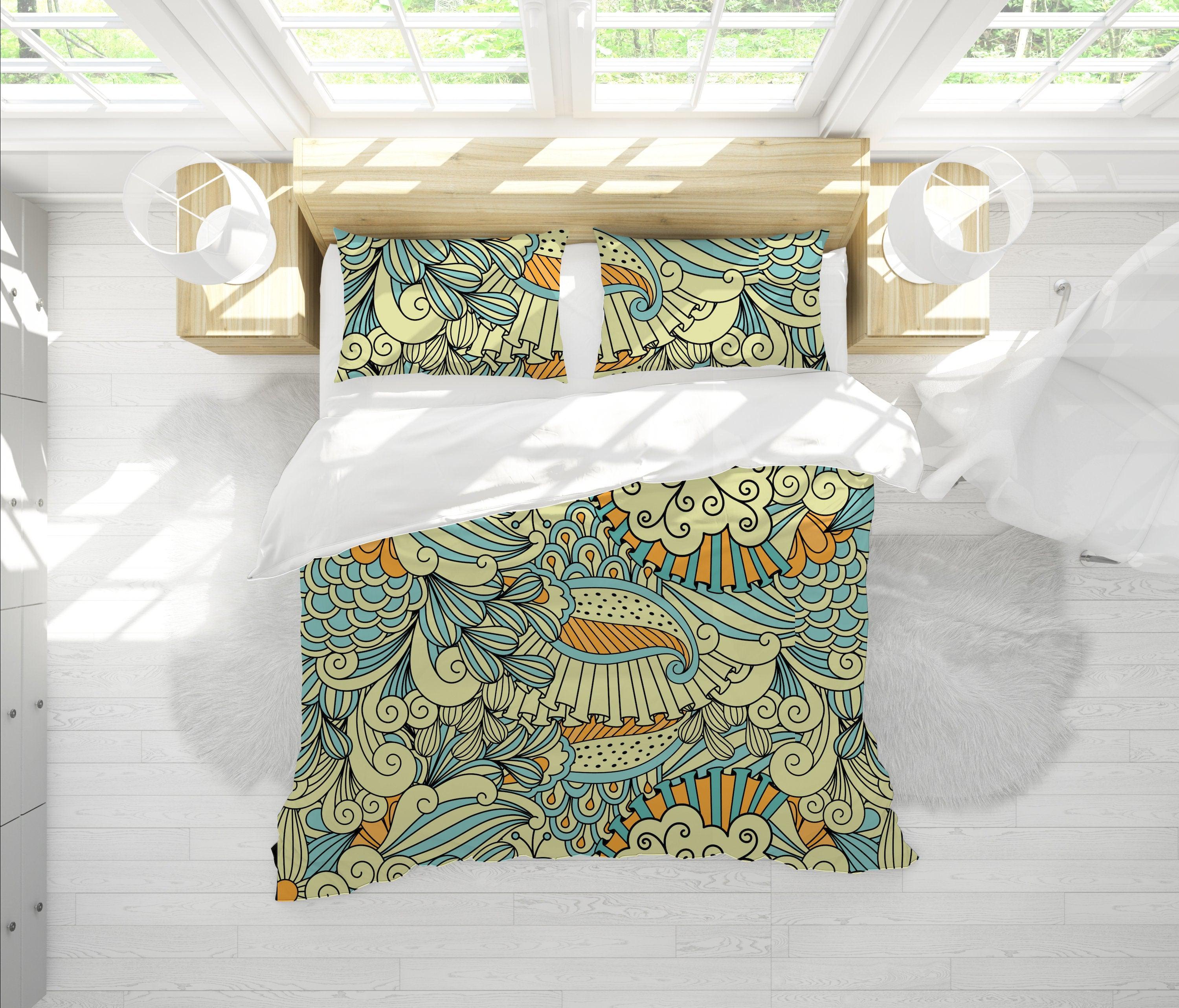 daintyduvet Blue and Yellow Mermaid Paisley Pattern Duvet Cover Set with Pillowcase, Dorm Bedding Set, Comforter Cover