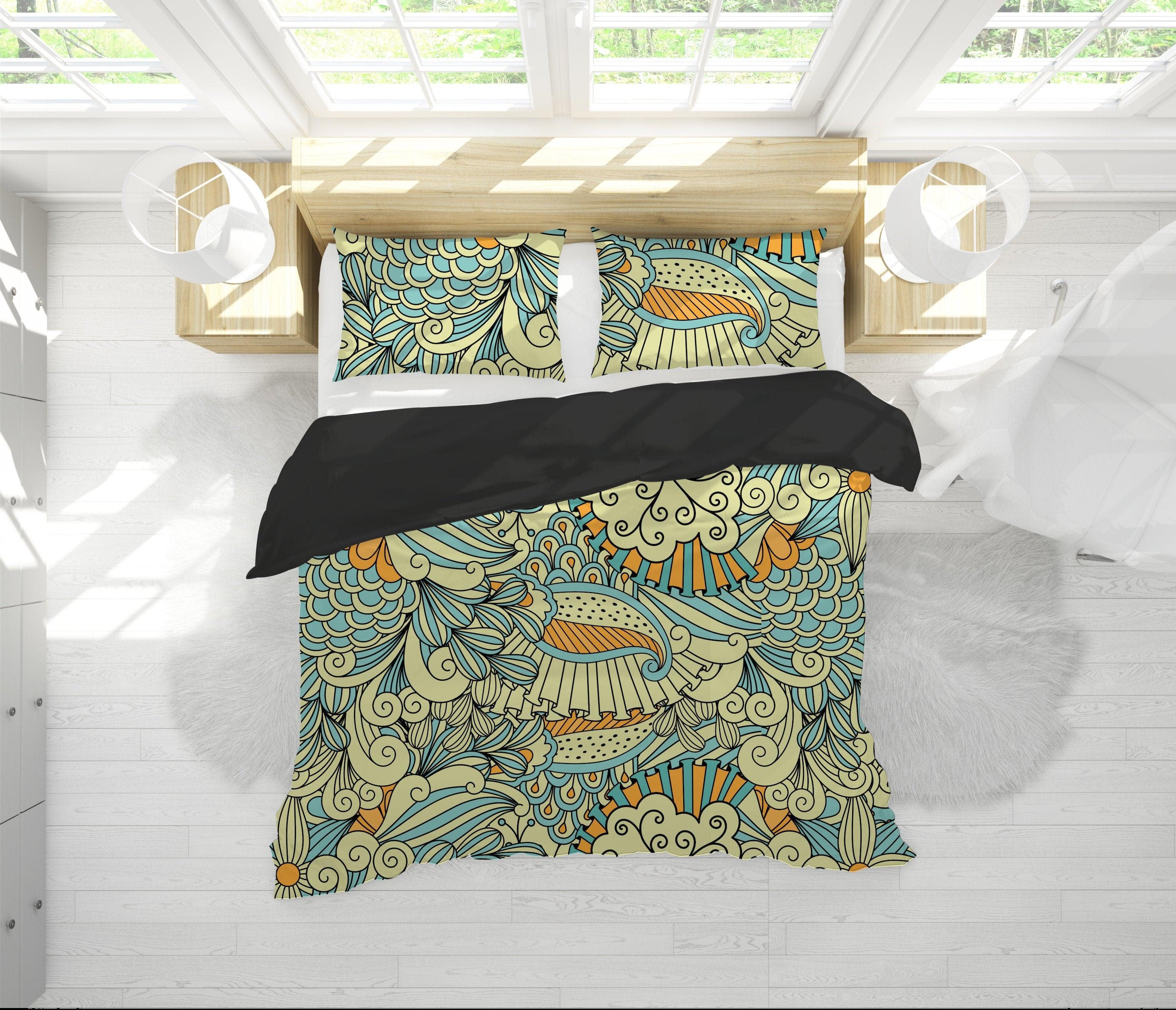daintyduvet Blue and Yellow Mermaid Paisley Pattern Duvet Cover Set with Pillowcase, Dorm Bedding Set, Comforter Cover