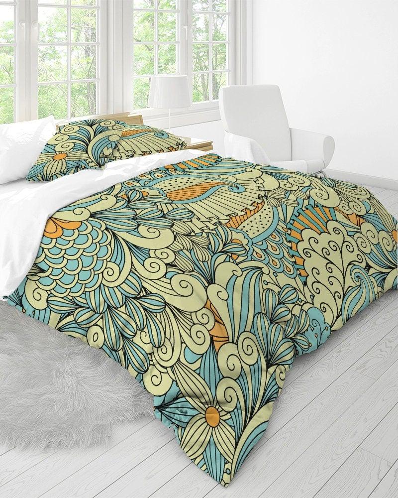 daintyduvet Blue and Yellow Mermaid Paisley Pattern Duvet Cover Set with Pillowcase, Dorm Bedding Set, Comforter Cover