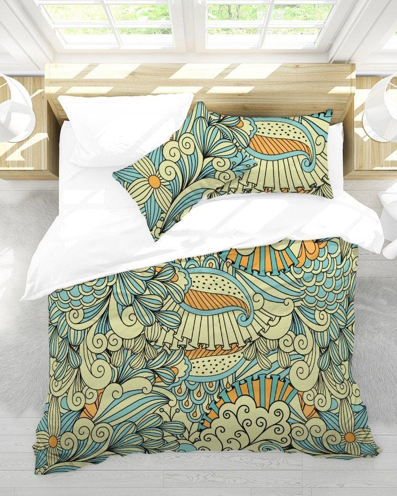 daintyduvet Blue and Yellow Mermaid Paisley Pattern Duvet Cover Set with Pillowcase, Dorm Bedding Set, Comforter Cover