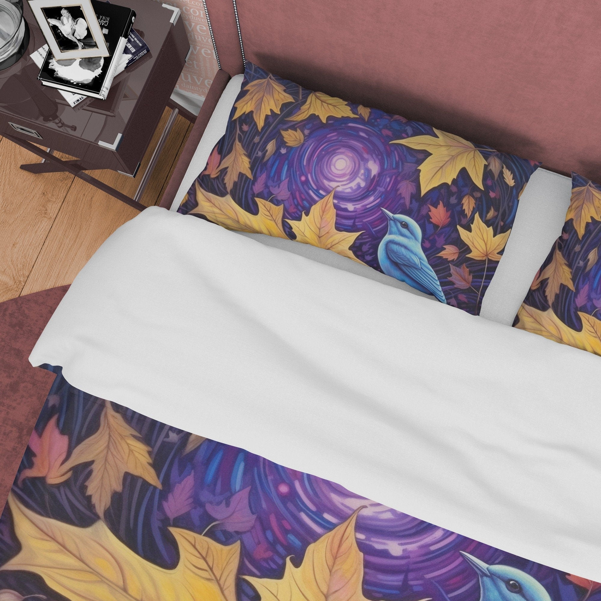 Blue Bird Fall Duvet Cover Purple Bedding Set, Warm Autumn Colors Printed Quilt Cover, Foliage Bedspread, Windy Themed Blanket Cover