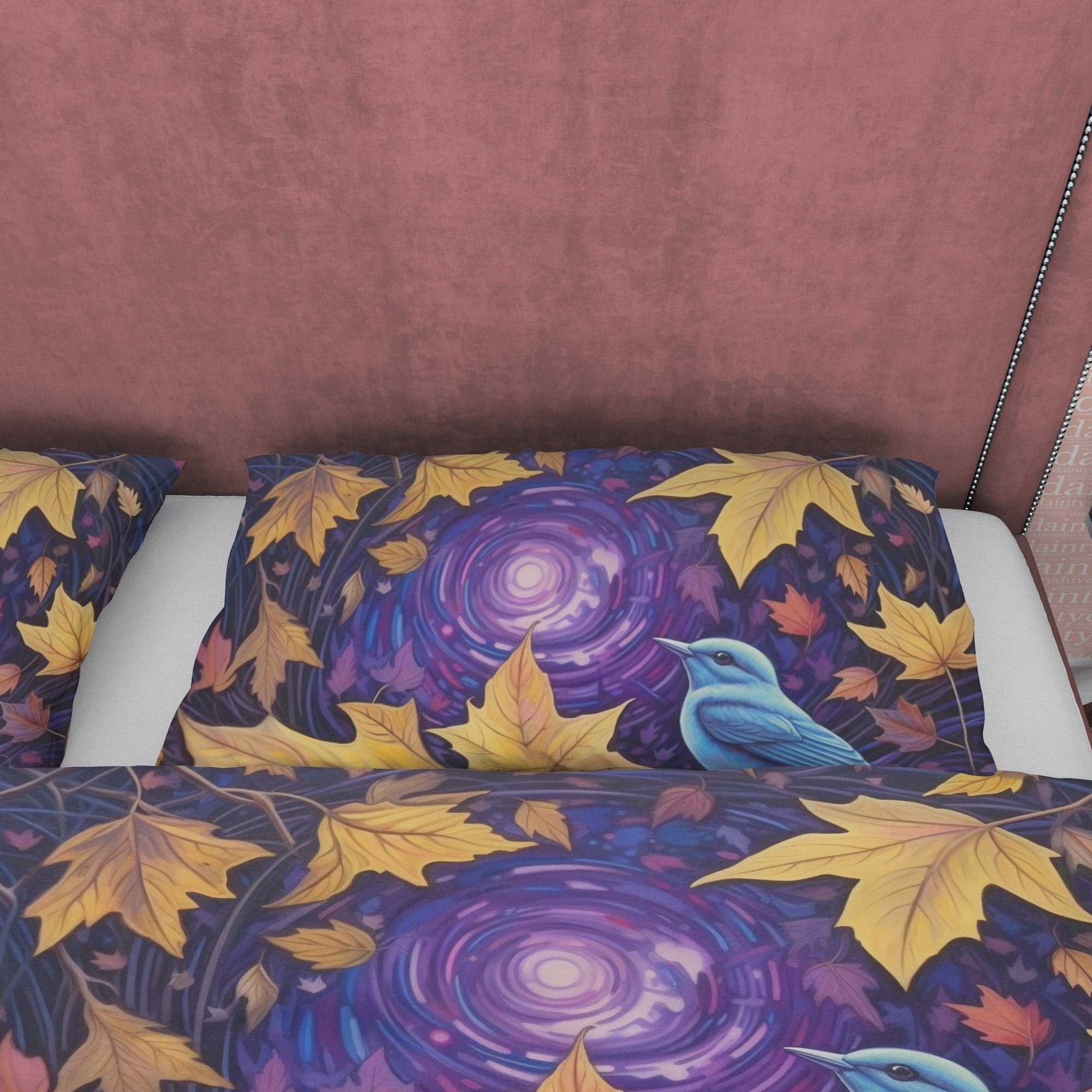 Blue Bird Fall Duvet Cover Purple Bedding Set, Warm Autumn Colors Printed Quilt Cover, Foliage Bedspread, Windy Themed Blanket Cover