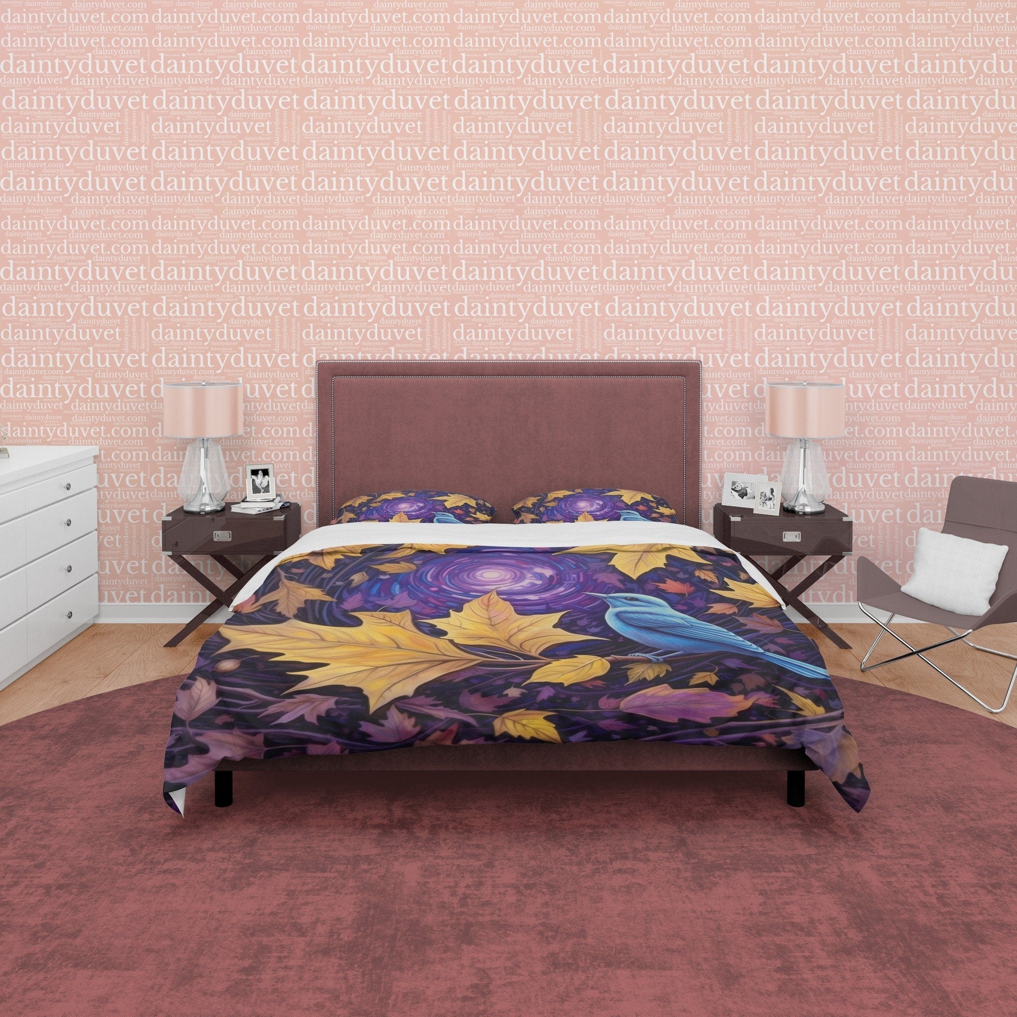 Blue Bird Fall Duvet Cover Purple Bedding Set, Warm Autumn Colors Printed Quilt Cover, Foliage Bedspread, Windy Themed Blanket Cover