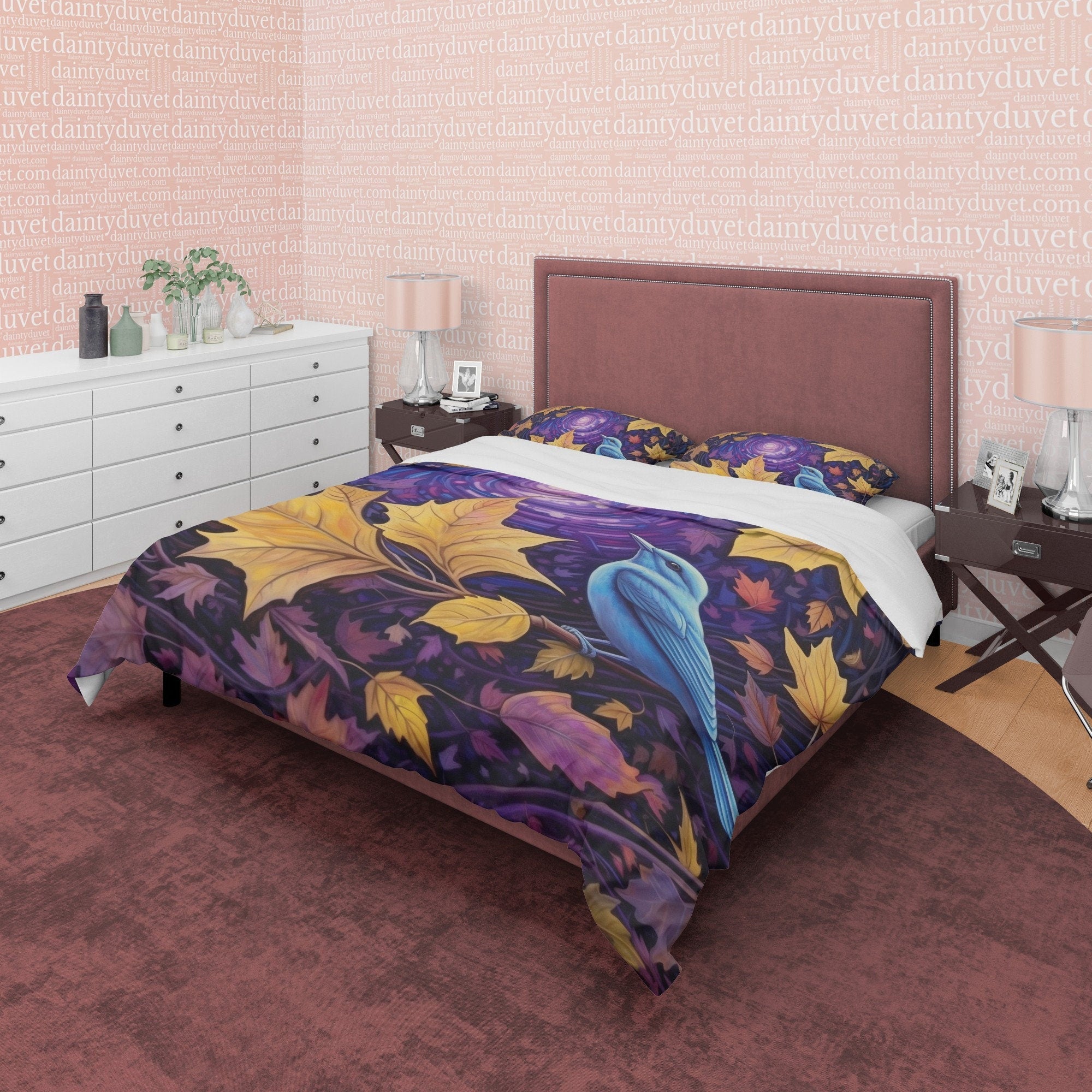 Blue Bird Fall Duvet Cover Purple Bedding Set, Warm Autumn Colors Printed Quilt Cover, Foliage Bedspread, Windy Themed Blanket Cover