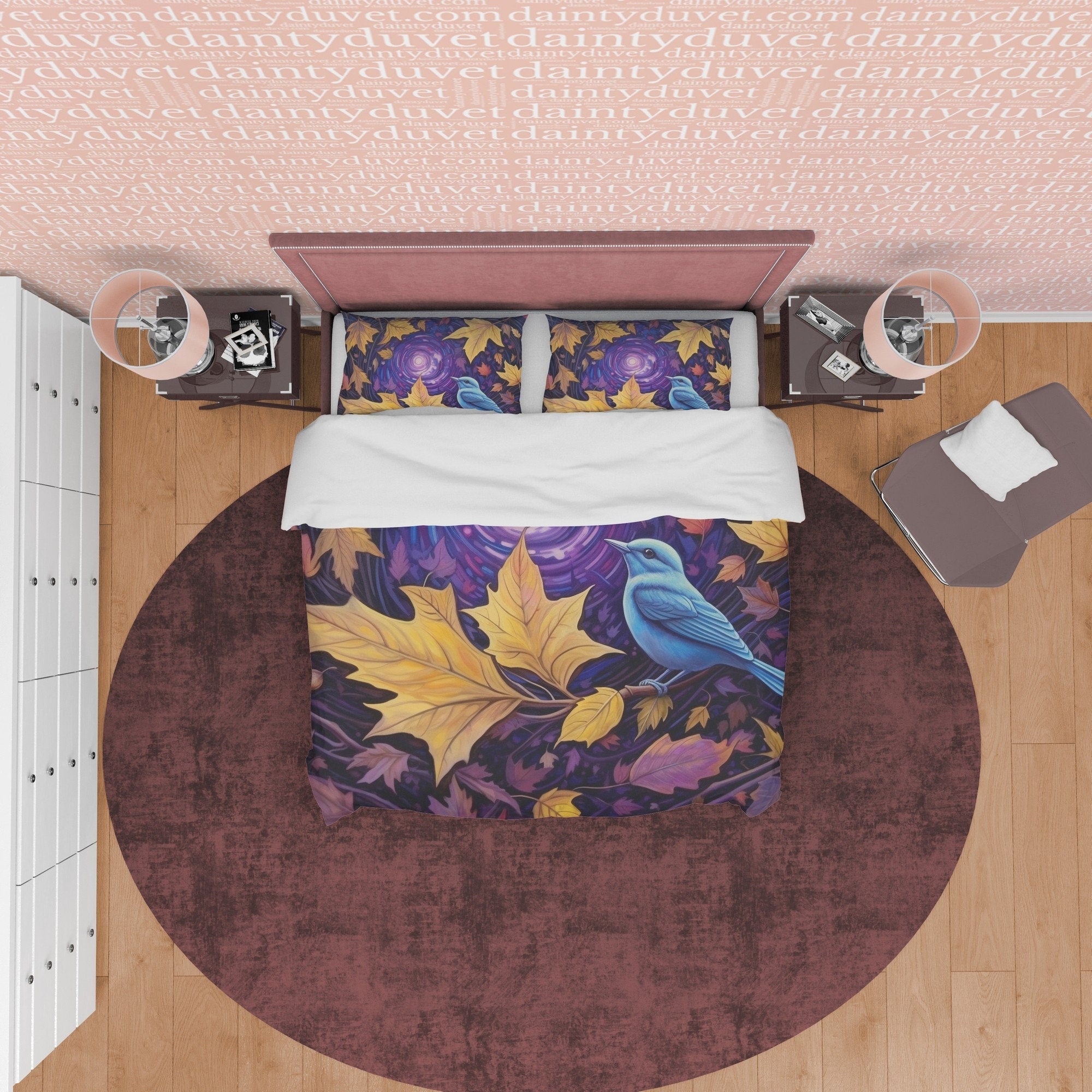Blue Bird Fall Duvet Cover Purple Bedding Set, Warm Autumn Colors Printed Quilt Cover, Foliage Bedspread, Windy Themed Blanket Cover