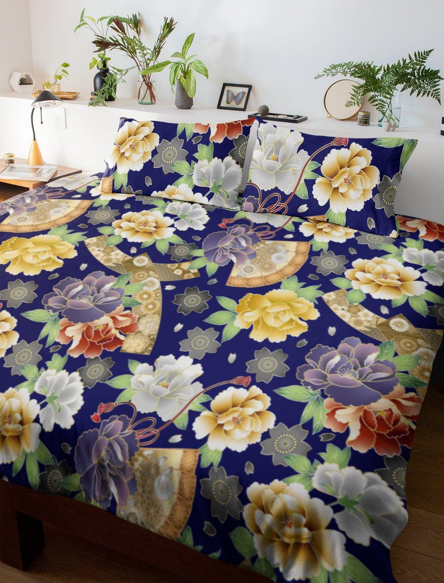 daintyduvet Blue Duvet Cover Full Set | Comforter Cover Set with Japanese Kimono Floral Prints