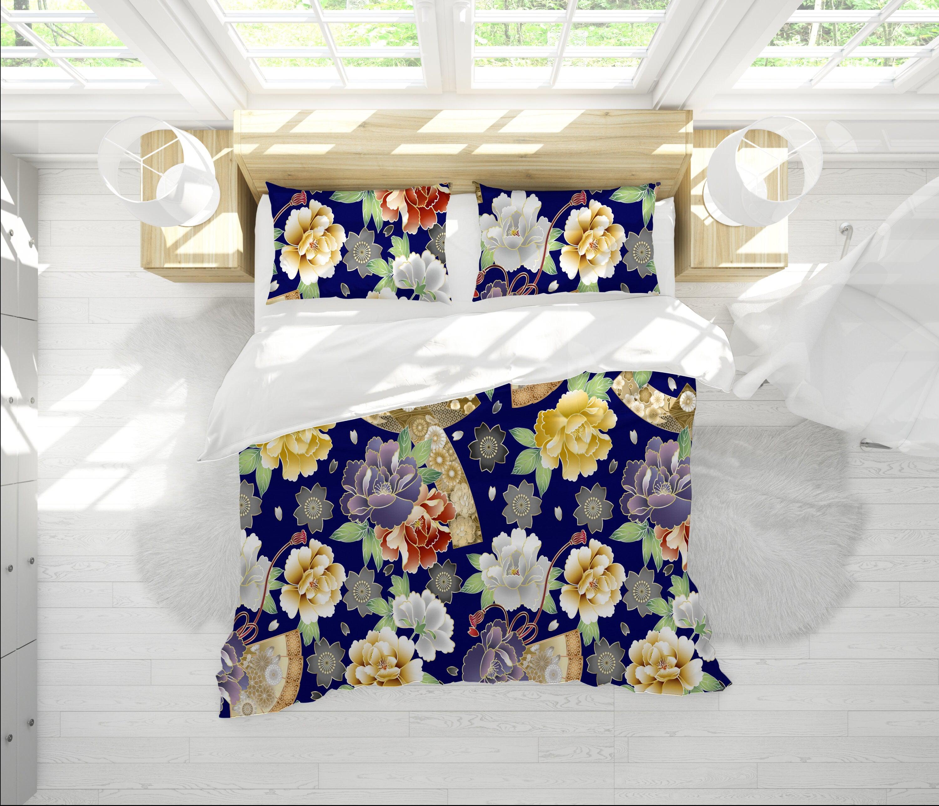 daintyduvet Blue Duvet Cover Full Set | Comforter Cover Set with Japanese Kimono Floral Prints