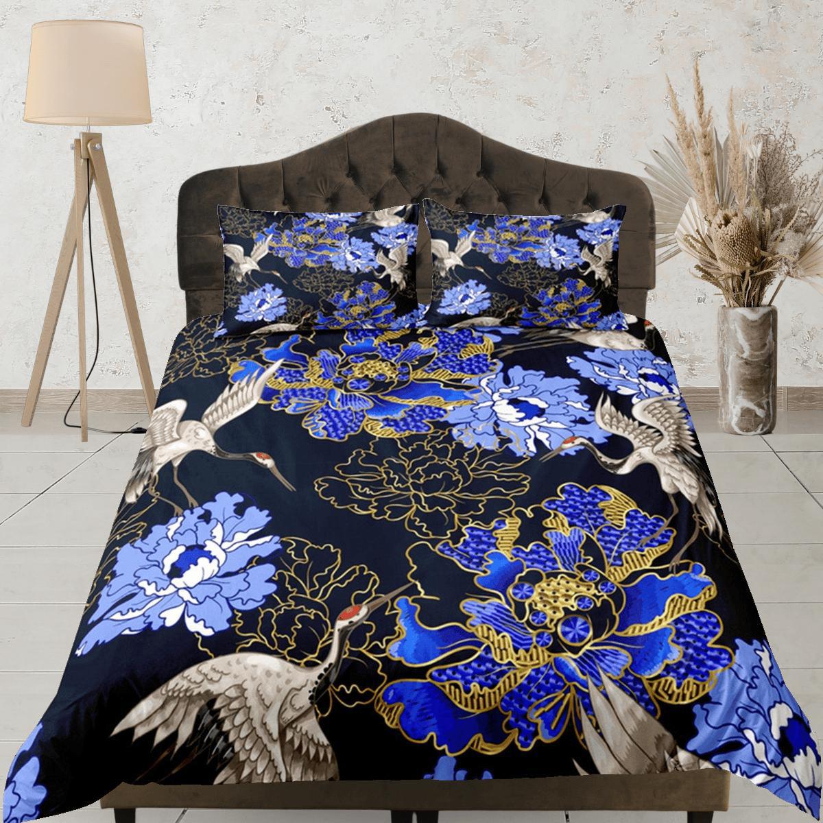 daintyduvet Blue Duvet Cover Set Floral Prints, Japanese Art Crane Bird Dorm Bedding Set & Pillowcase