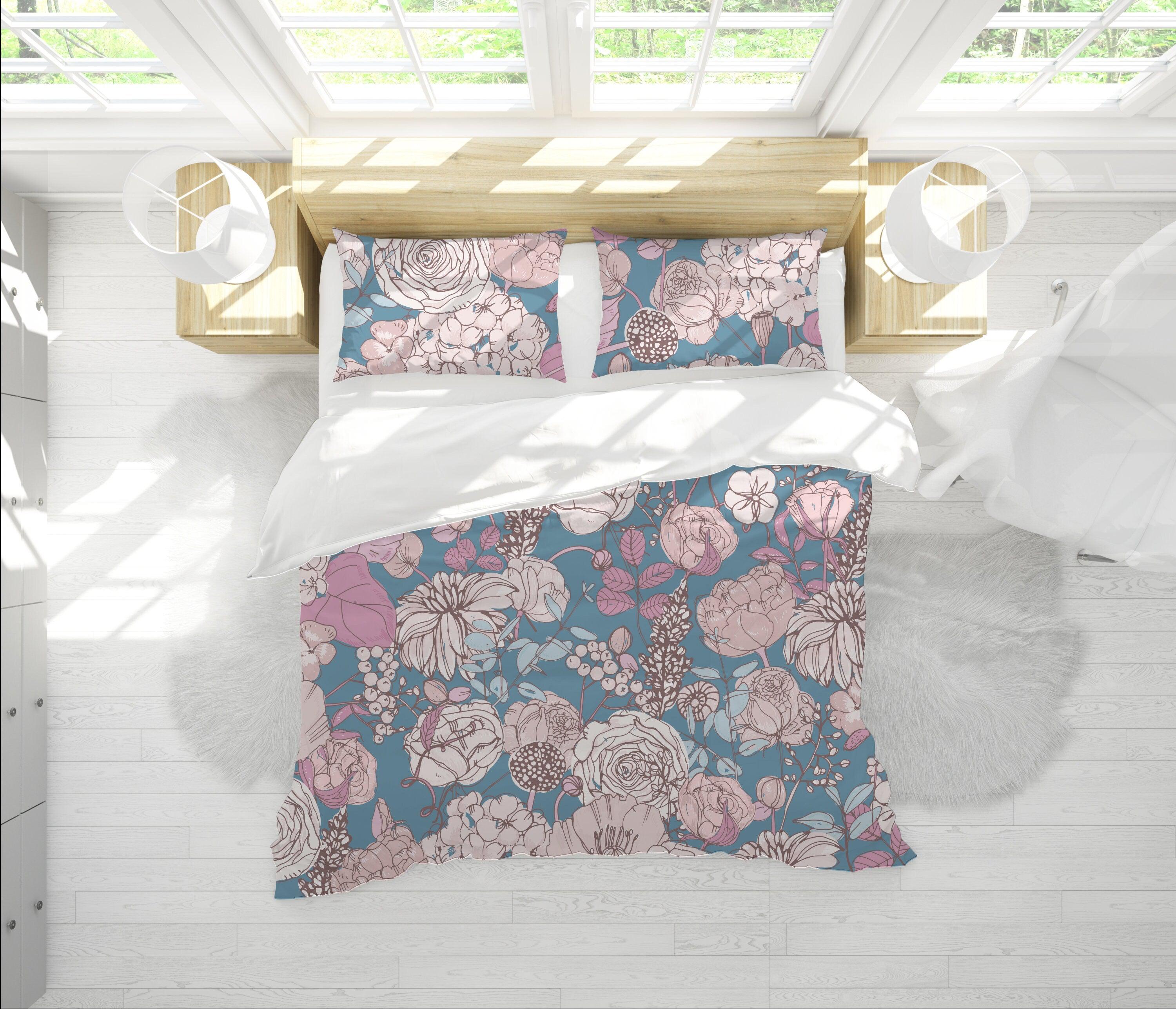 daintyduvet Blue Duvet Cover Set with Pink Hand drawn Flowers
