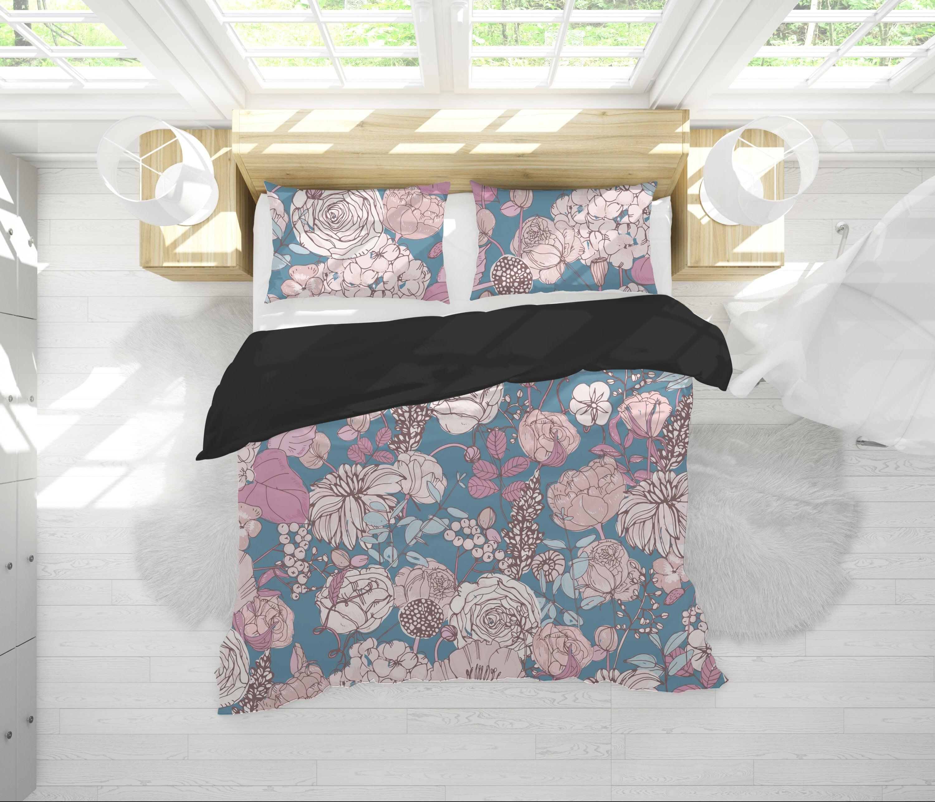 daintyduvet Blue Duvet Cover Set with Pink Hand drawn Flowers