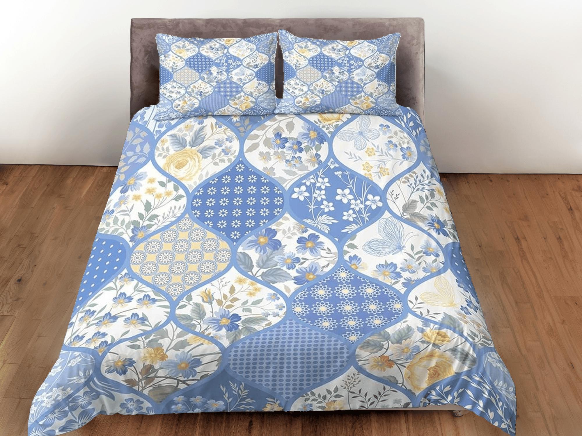 daintyduvet Blue floral patchwork quilt printed duvet cover set, aesthetic room decor bedding set full, king, queen size, boho bedspread shabby chic