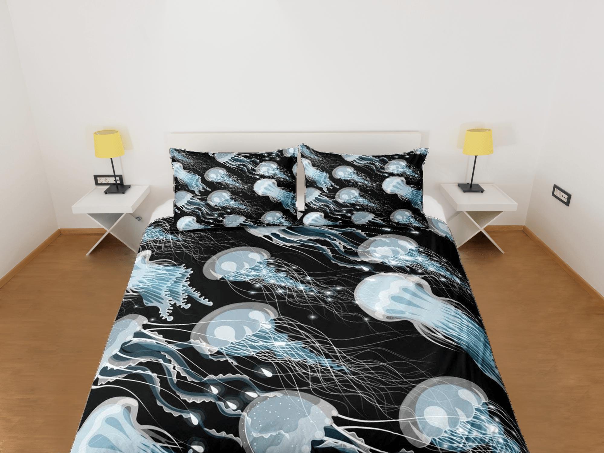daintyduvet Blue jellyfish bedding black duvet cover, ocean blush sea animal bedding set full king queen twin crib toddler, college dorm bedding gift