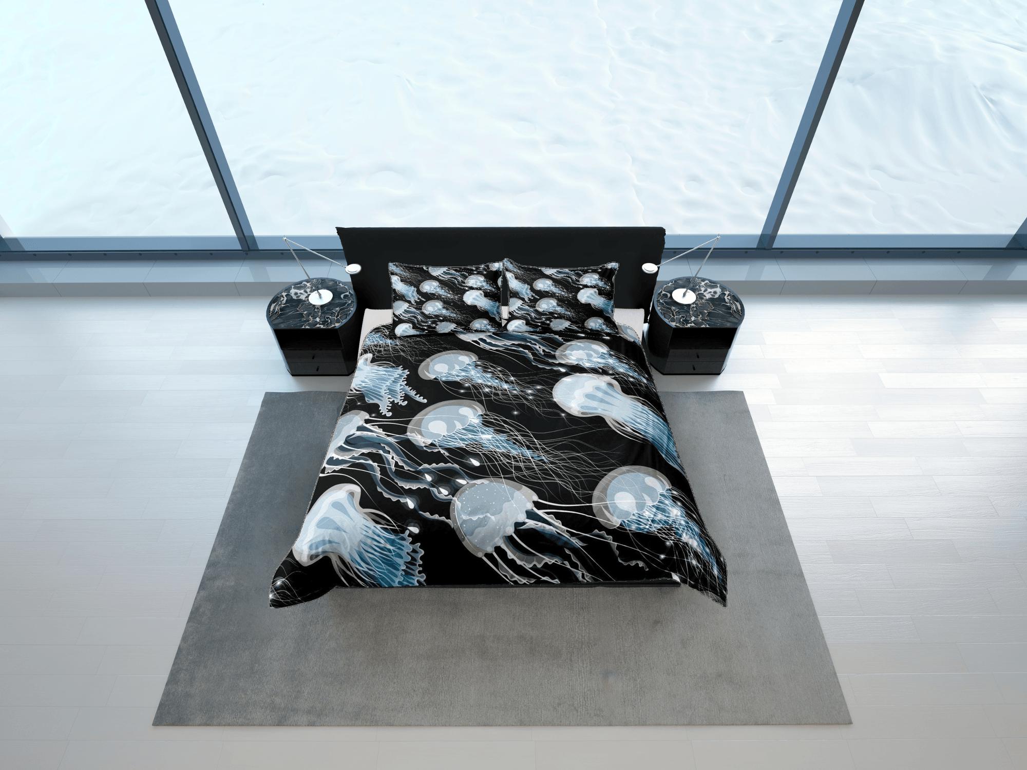 daintyduvet Blue jellyfish bedding black duvet cover, ocean blush sea animal bedding set full king queen twin crib toddler, college dorm bedding gift