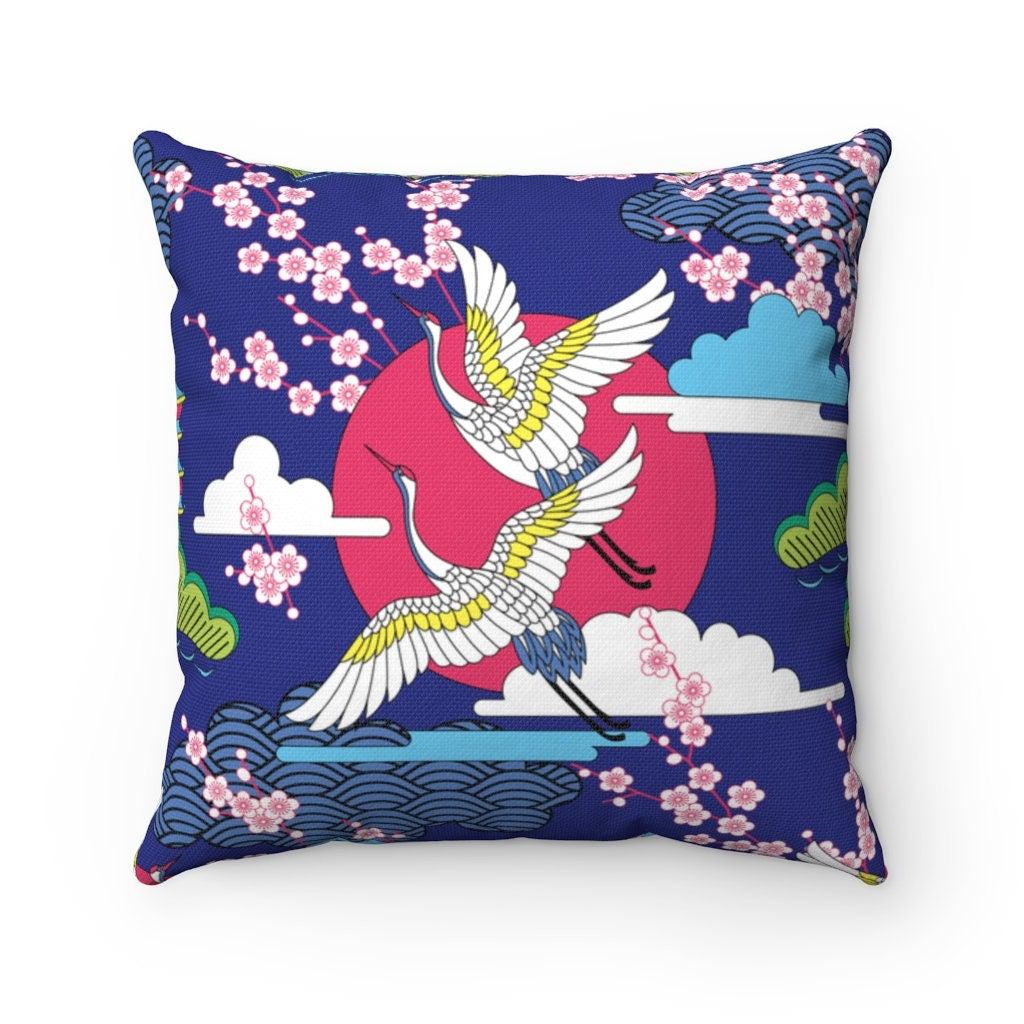 daintyduvet Blue Oriental Pillowcase with Crane and Cherry Blossoms Prints, Japanese Fabric Chair Cushion Cover, Japanese Decor Square Pillow Cover