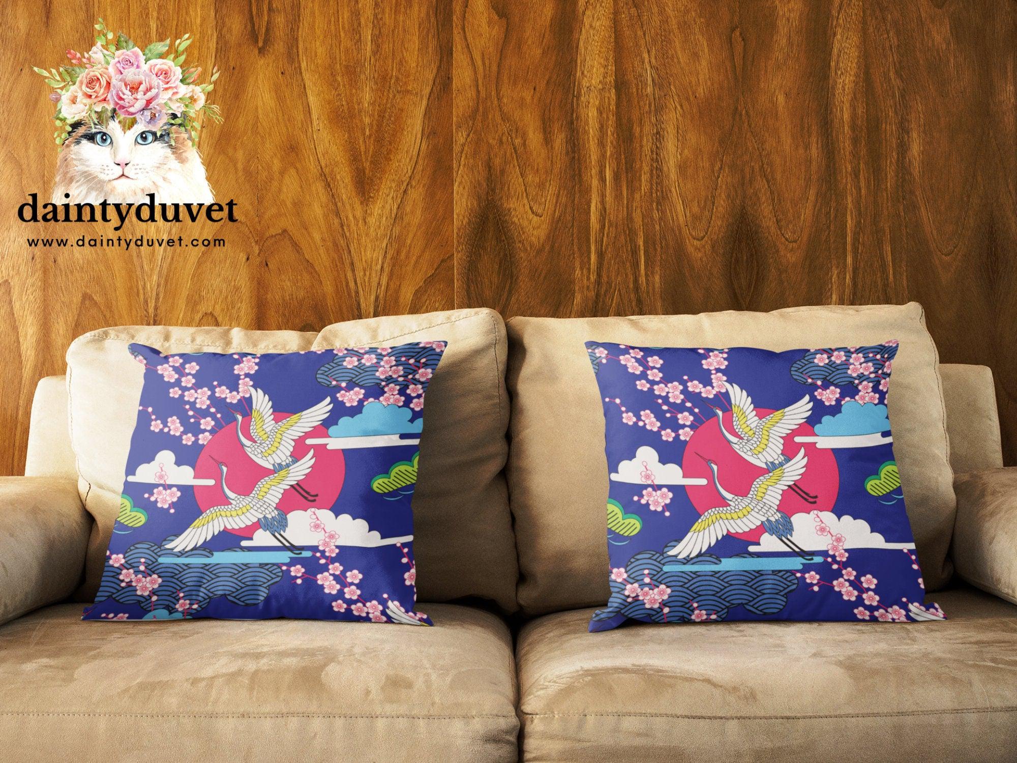 daintyduvet Blue Oriental Pillowcase with Crane and Cherry Blossoms Prints, Japanese Fabric Chair Cushion Cover, Japanese Decor Square Pillow Cover