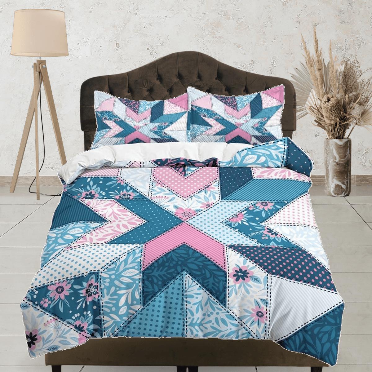 daintyduvet Blue pink crossover patchwork quilt printed duvet cover set, aesthetic decor bedding set full, king, queen size, boho bedspread shabby chic