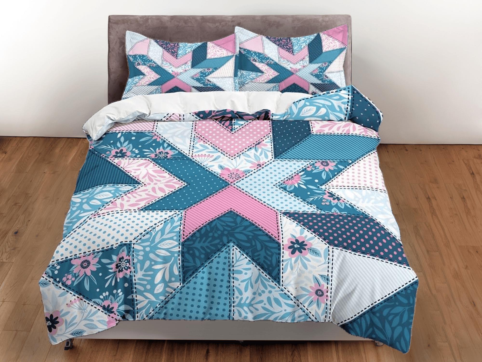 daintyduvet Blue pink crossover patchwork quilt printed duvet cover set, aesthetic decor bedding set full, king, queen size, boho bedspread shabby chic