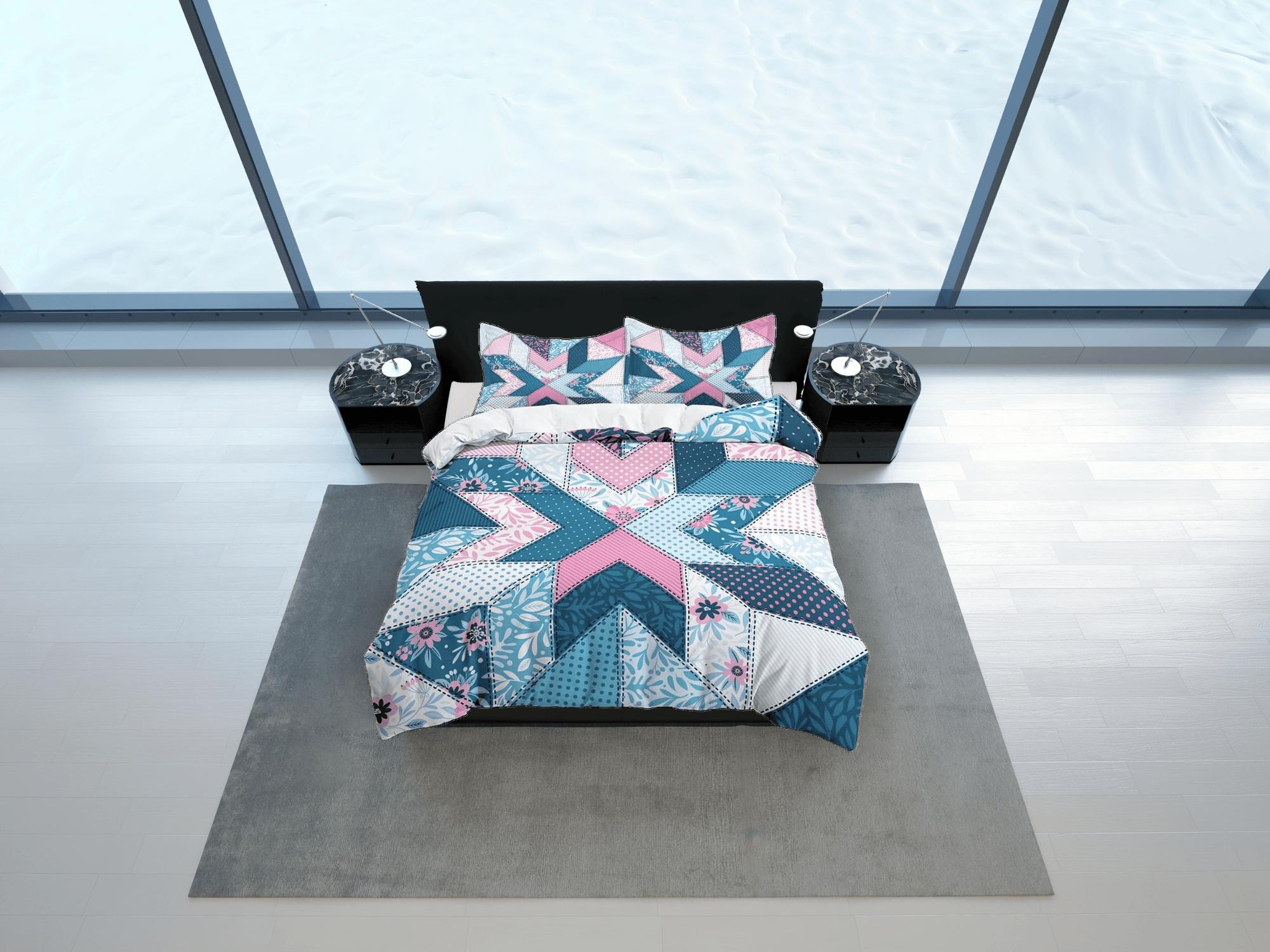 daintyduvet Blue pink crossover patchwork quilt printed duvet cover set, aesthetic decor bedding set full, king, queen size, boho bedspread shabby chic
