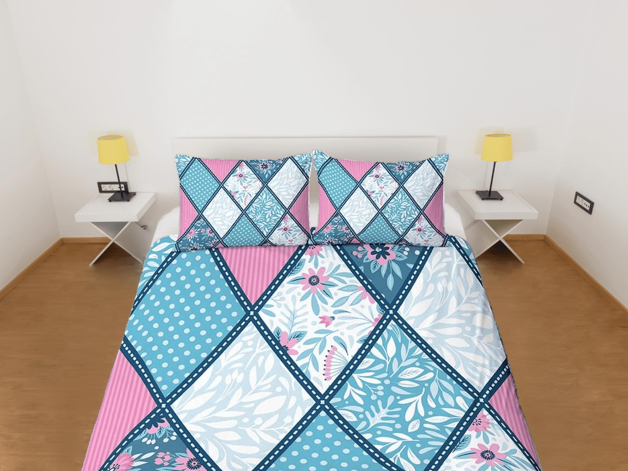 daintyduvet Blue pink patchwork quilt diamond printed duvet cover set, aesthetic room bedding set full, king, queen size, boho bedspread shabby chic