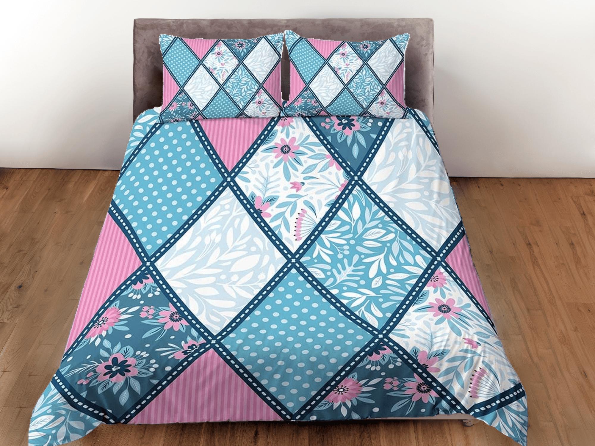 daintyduvet Blue pink patchwork quilt diamond printed duvet cover set, aesthetic room bedding set full, king, queen size, boho bedspread shabby chic