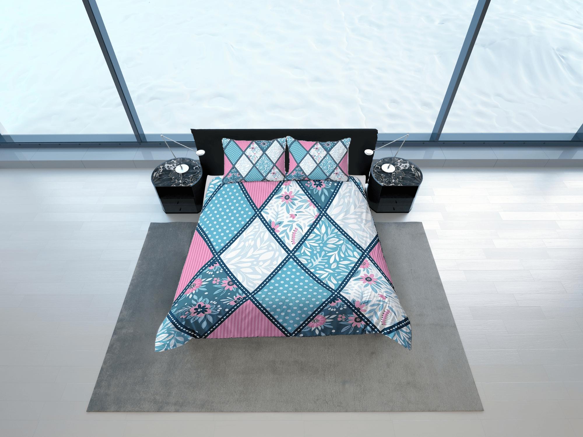 daintyduvet Blue pink patchwork quilt diamond printed duvet cover set, aesthetic room bedding set full, king, queen size, boho bedspread shabby chic