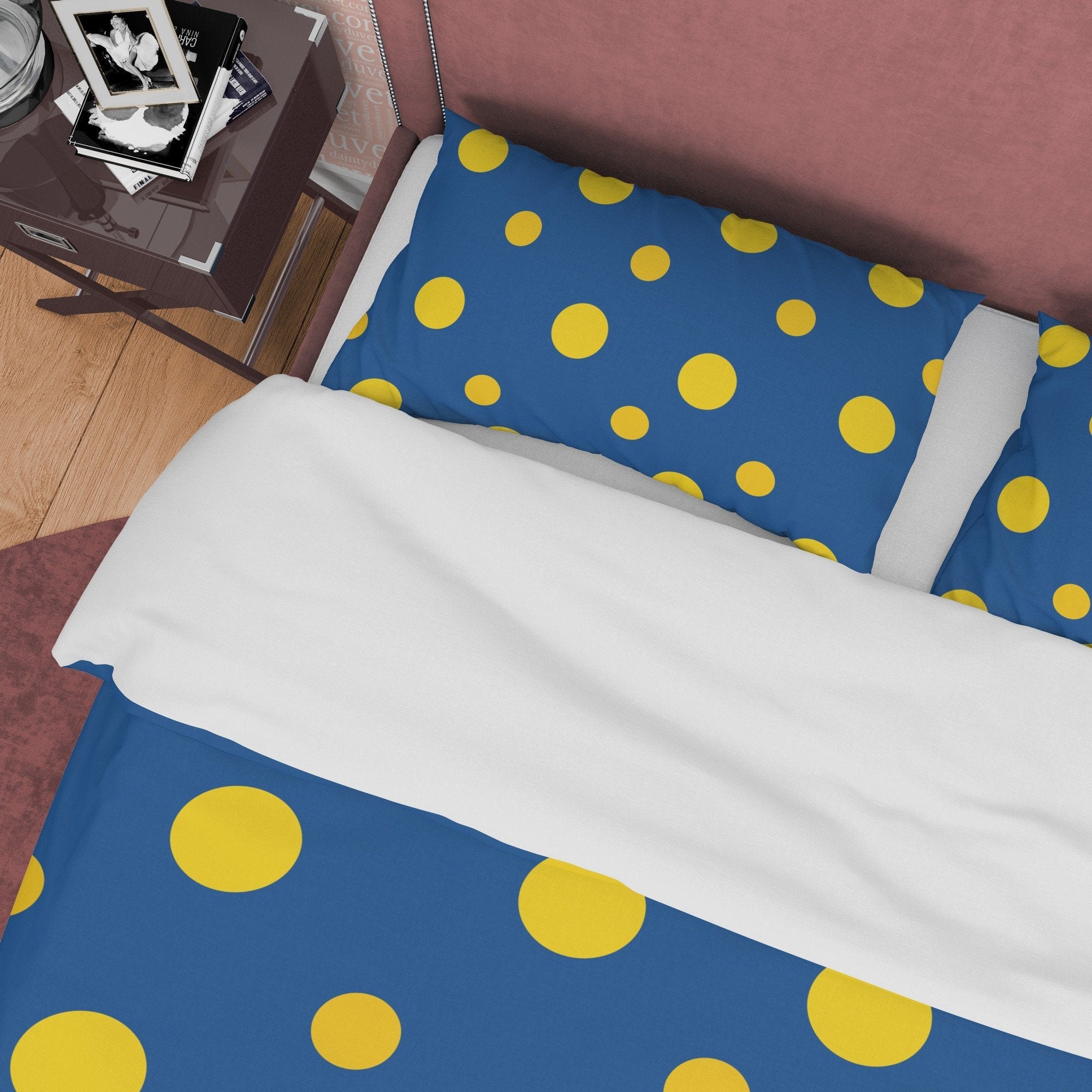 Blue Polka Dot Duvet Cover Geometric Bedding, Mid Century Modern Bedroom Set, Yellow Dotted Quilt Cover, Simple Unique Colorful Bedspread