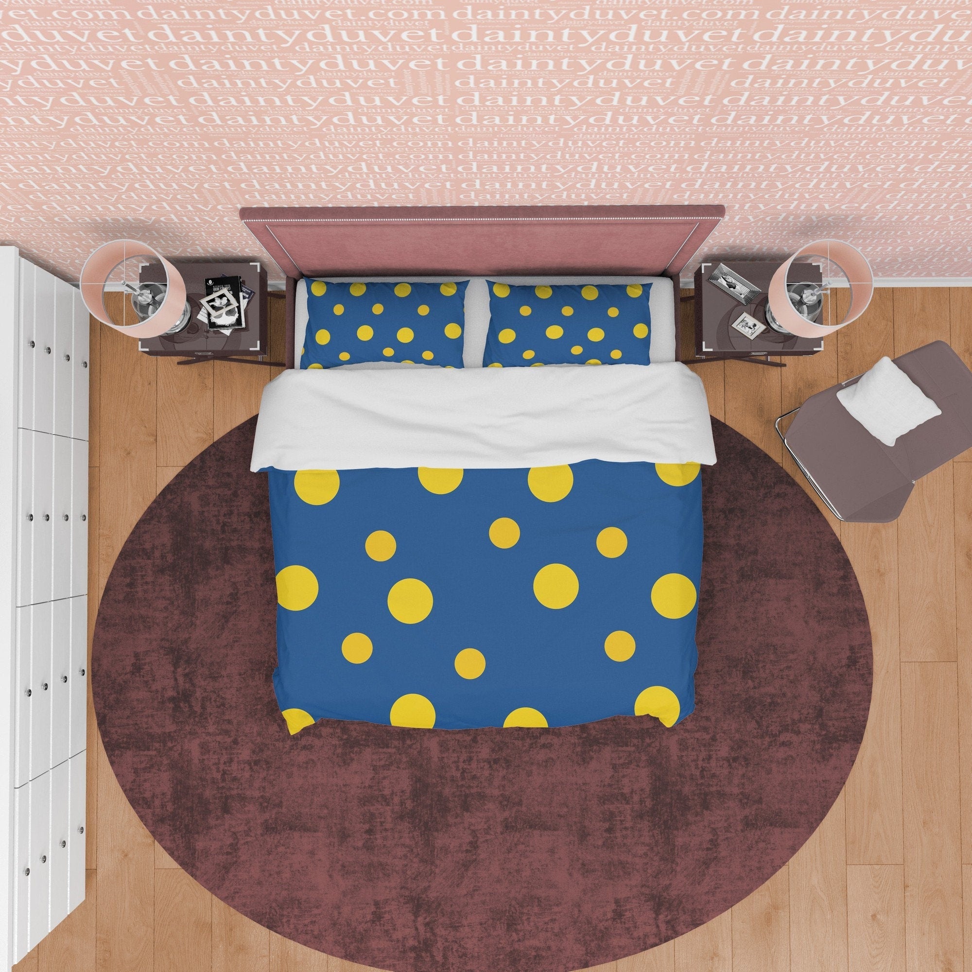 Blue Polka Dot Duvet Cover Geometric Bedding, Mid Century Modern Bedroom Set, Yellow Dotted Quilt Cover, Simple Unique Colorful Bedspread