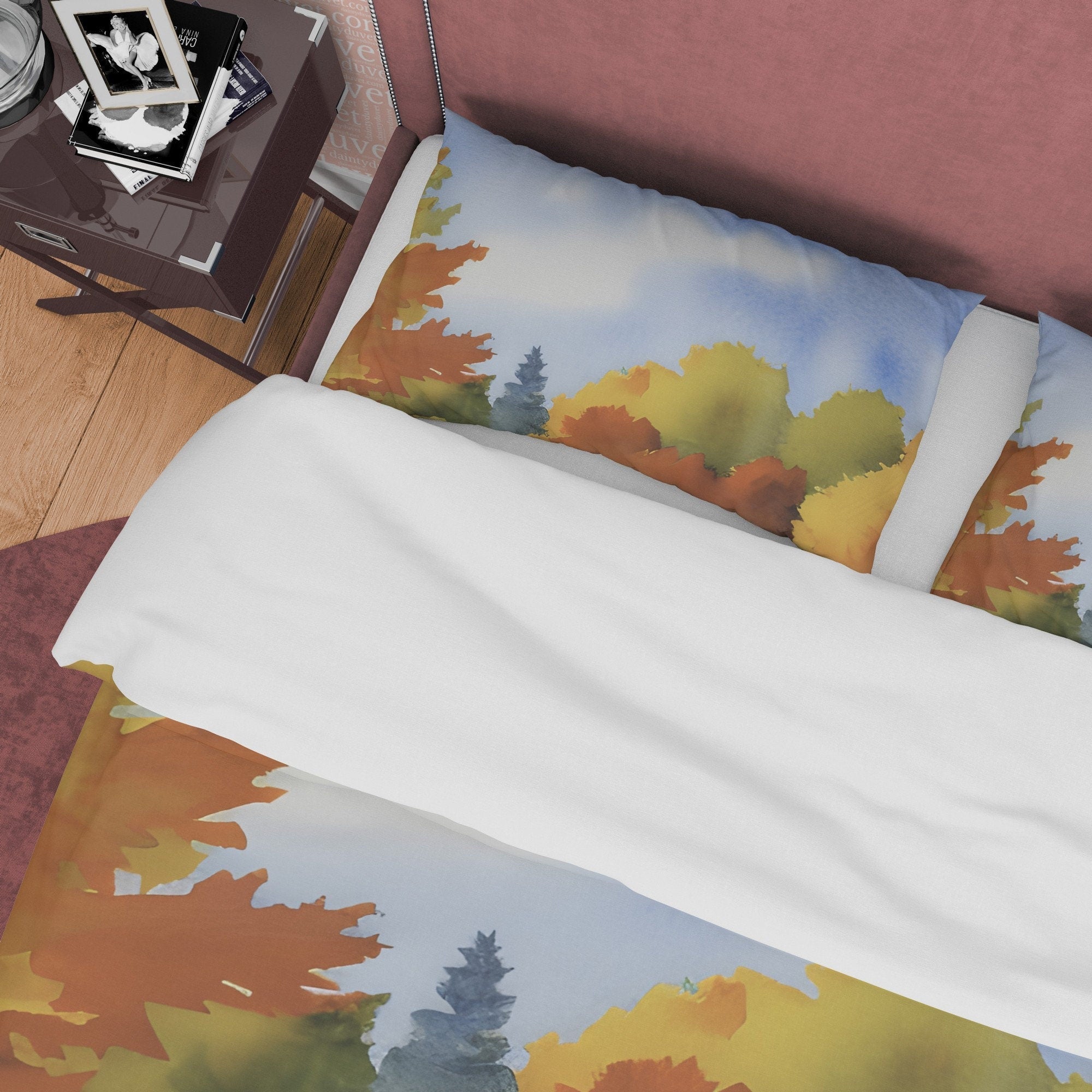 Blue Sky Fall Trees Reflection Duvet Cover Autumn Bedding Set, Warm Autumn Colors Printed Quilt Cover, Foliage Bedspread